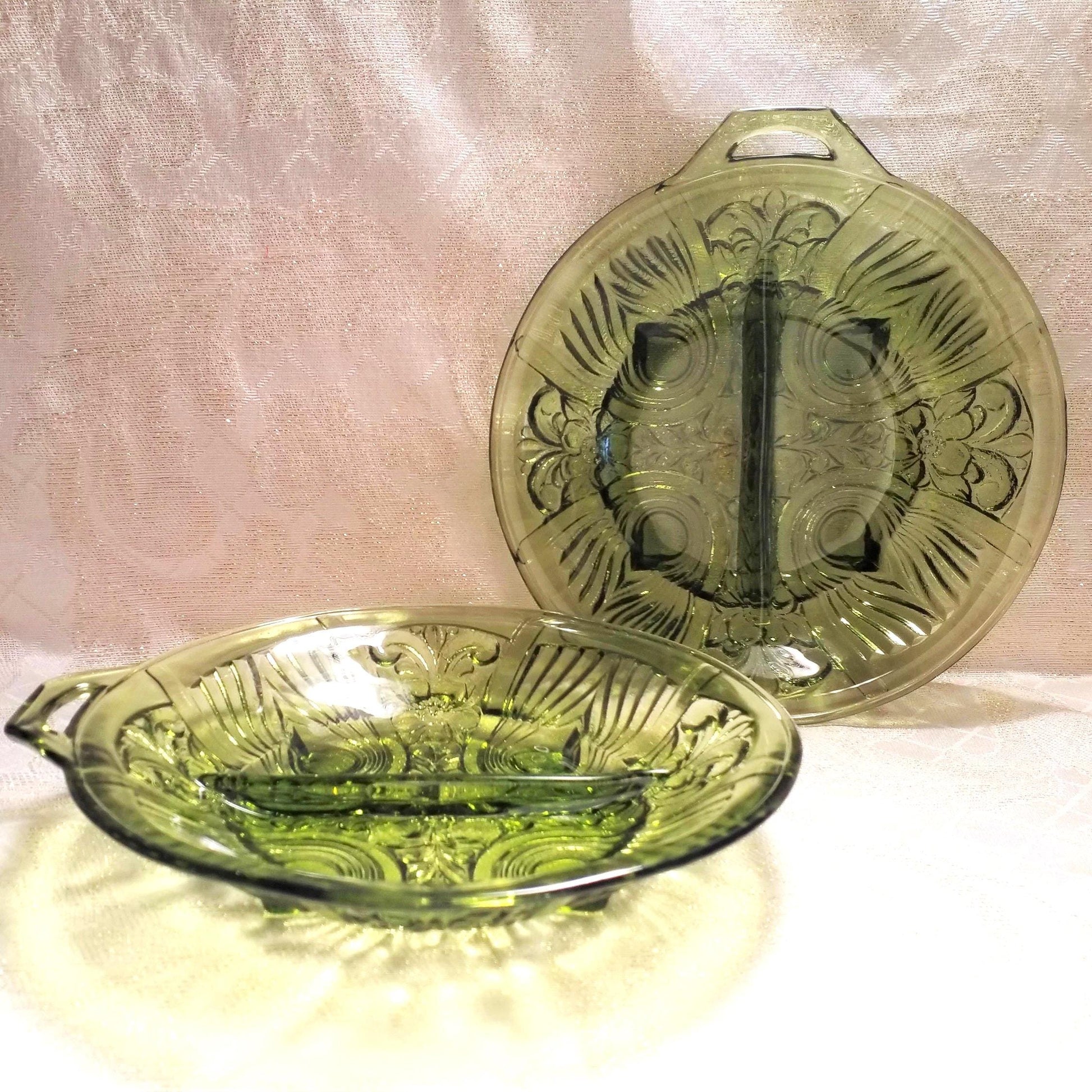 Avocado Green Glass Relish Dishes Set, Detailed Design Serving Dishes