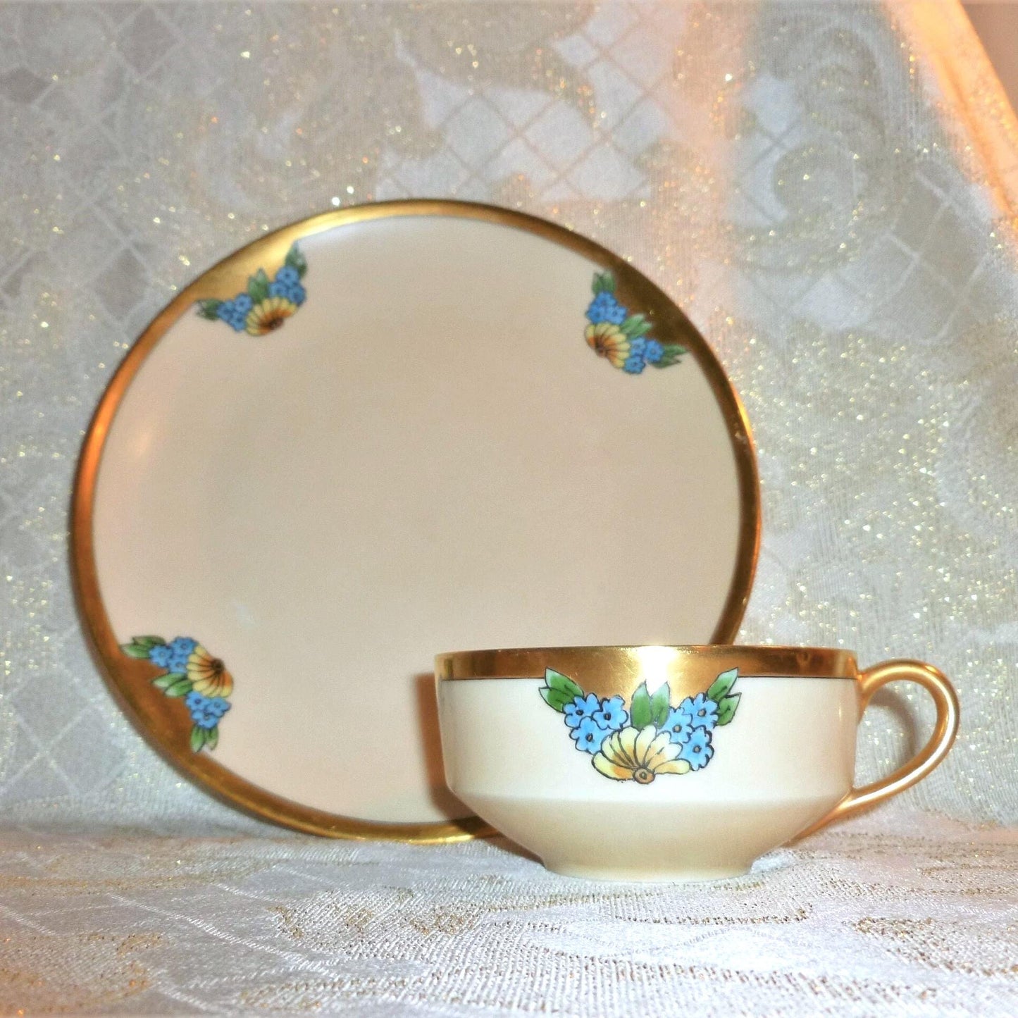 Vintage Thomas Bone China Cup and Saucer Set, Floral Gold Trim, 1929 Bavaria