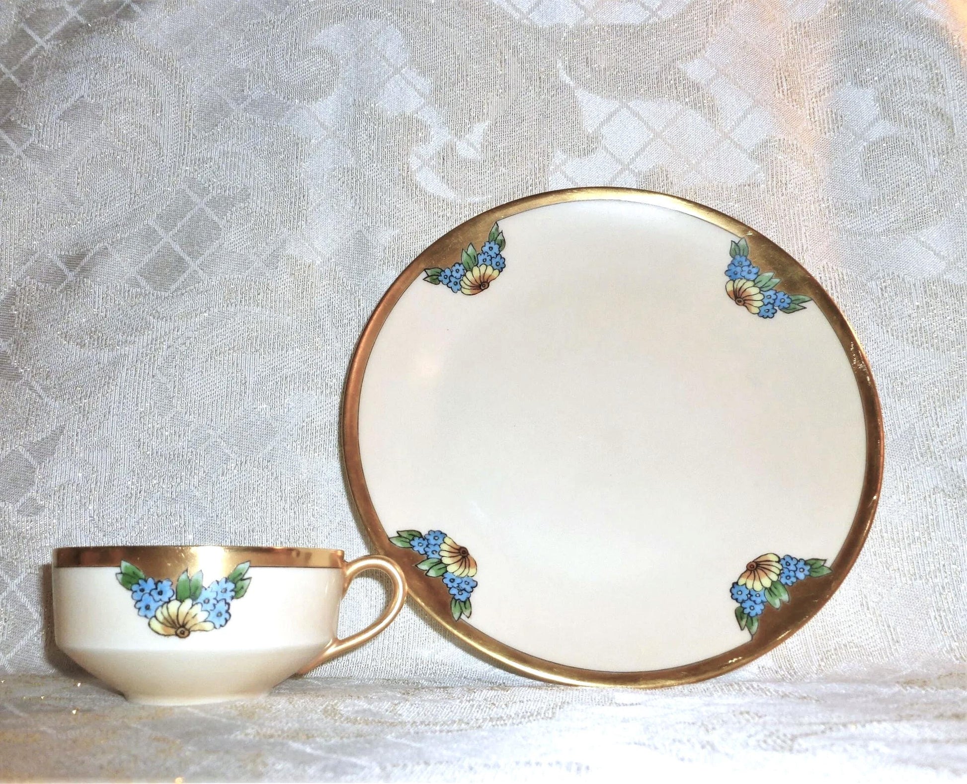 Vintage Thomas Bone China Cup and Saucer Set, Floral Gold Trim, 1929 Bavaria
