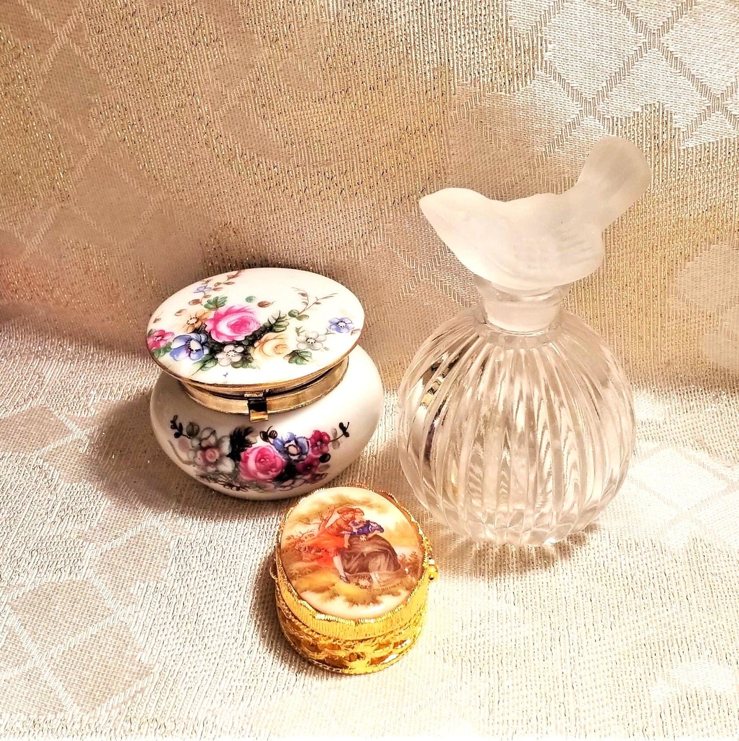 Vintage Perfume Bottle with Bird Stopper and Trinket Jars Floral And Courting Designs Always FREE Domestic SHIPPING