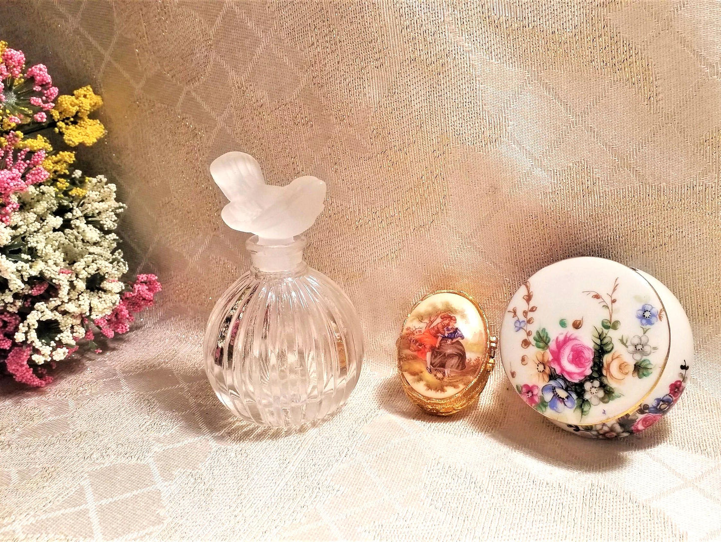 Vintage Perfume Bottle with Bird Stopper and Trinket Jars Floral And Courting Designs Always FREE Domestic SHIPPING