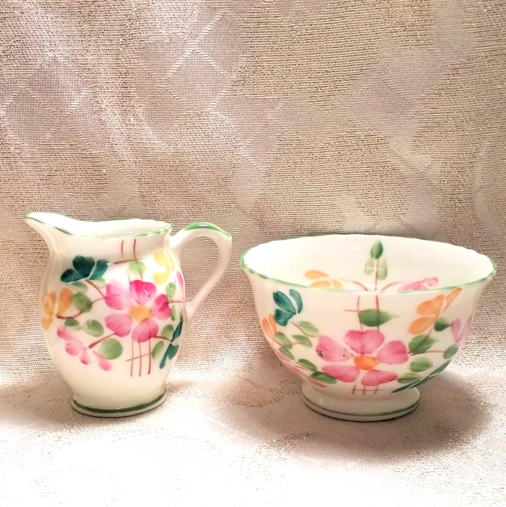 Vintage Sutherland Bone China Creamer and Sugar Bowl Set, Floral Chartreuse Trim
