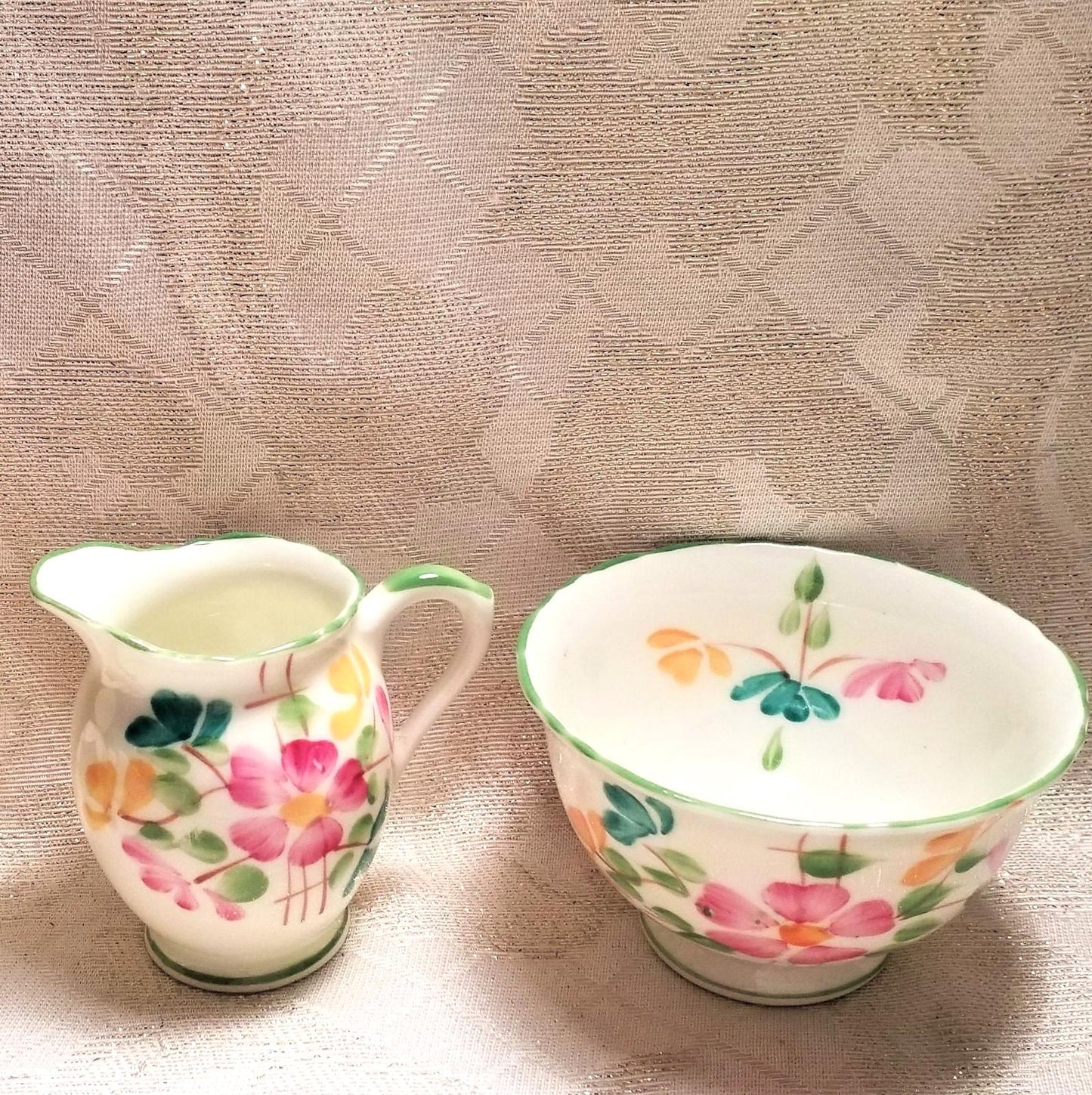 Vintage Sutherland Bone China Creamer and Sugar Bowl Set, Floral Chartreuse Trim