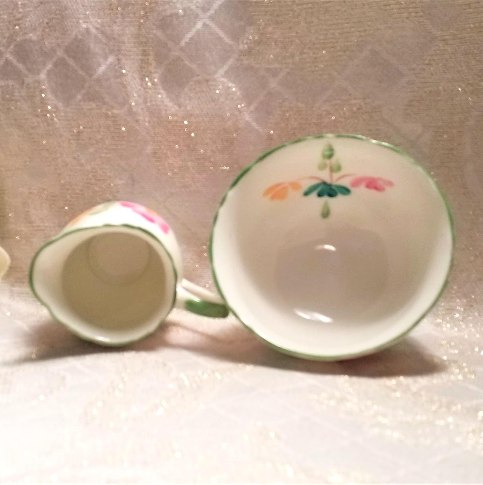 Vintage Sutherland Bone China Creamer and Sugar Bowl Set, Floral Chartreuse Trim