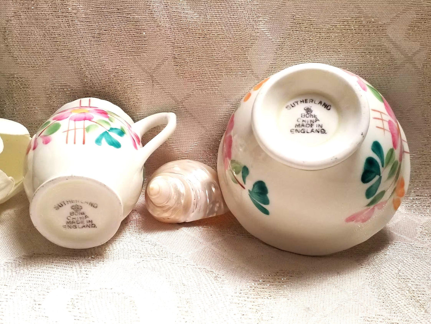 Vintage Sutherland Bone China Creamer and Sugar Bowl Set, Floral Chartreuse Trim