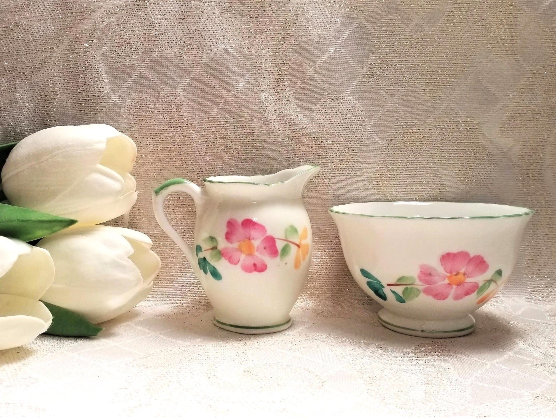 Vintage Sutherland Bone China Creamer and Sugar Bowl Set, Floral Chartreuse Trim