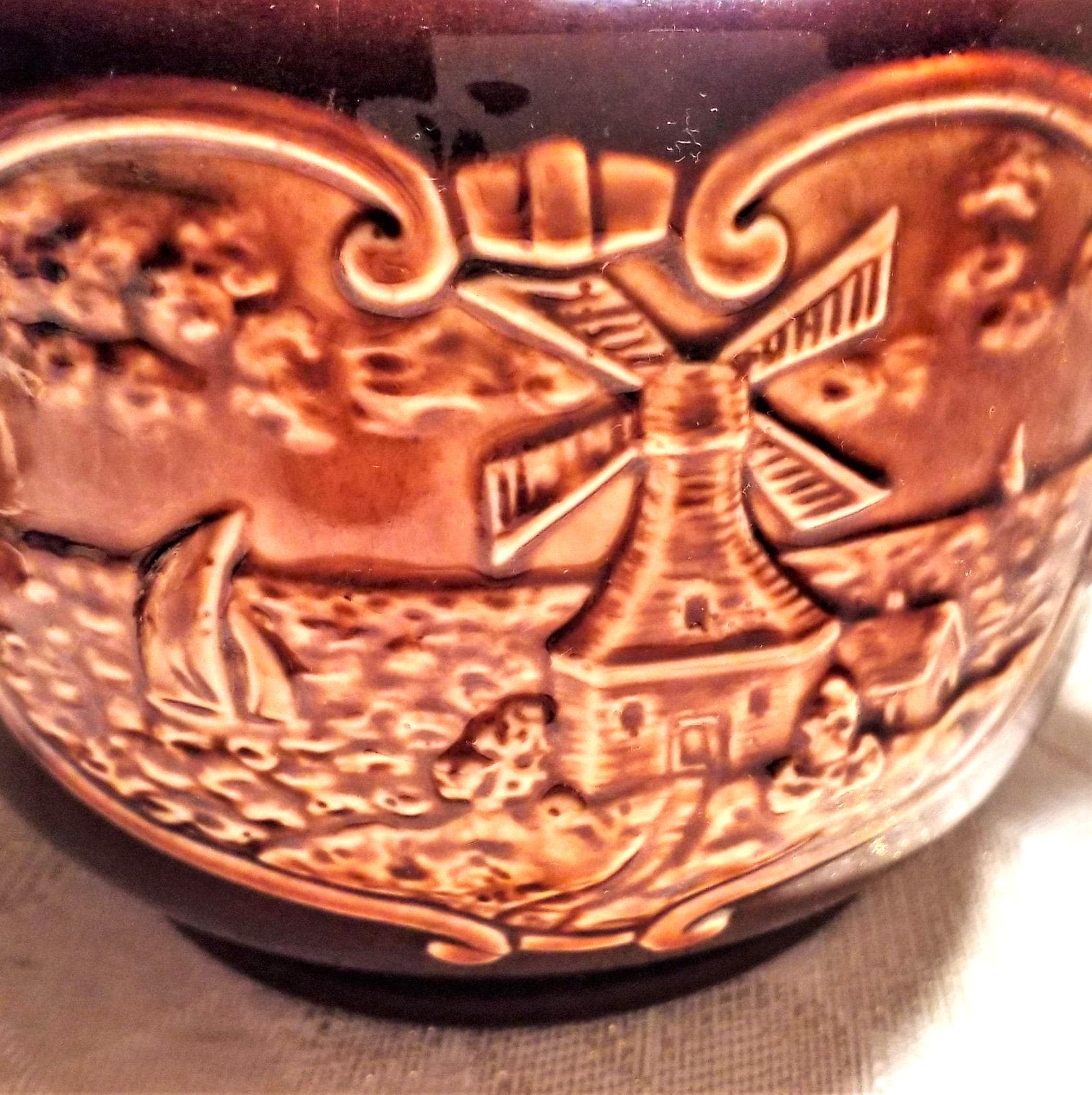 Vintage Teapot, Brown Glaze, Farmhouse Cow & Windmill Scene Always FREE Domestic SHIPPING