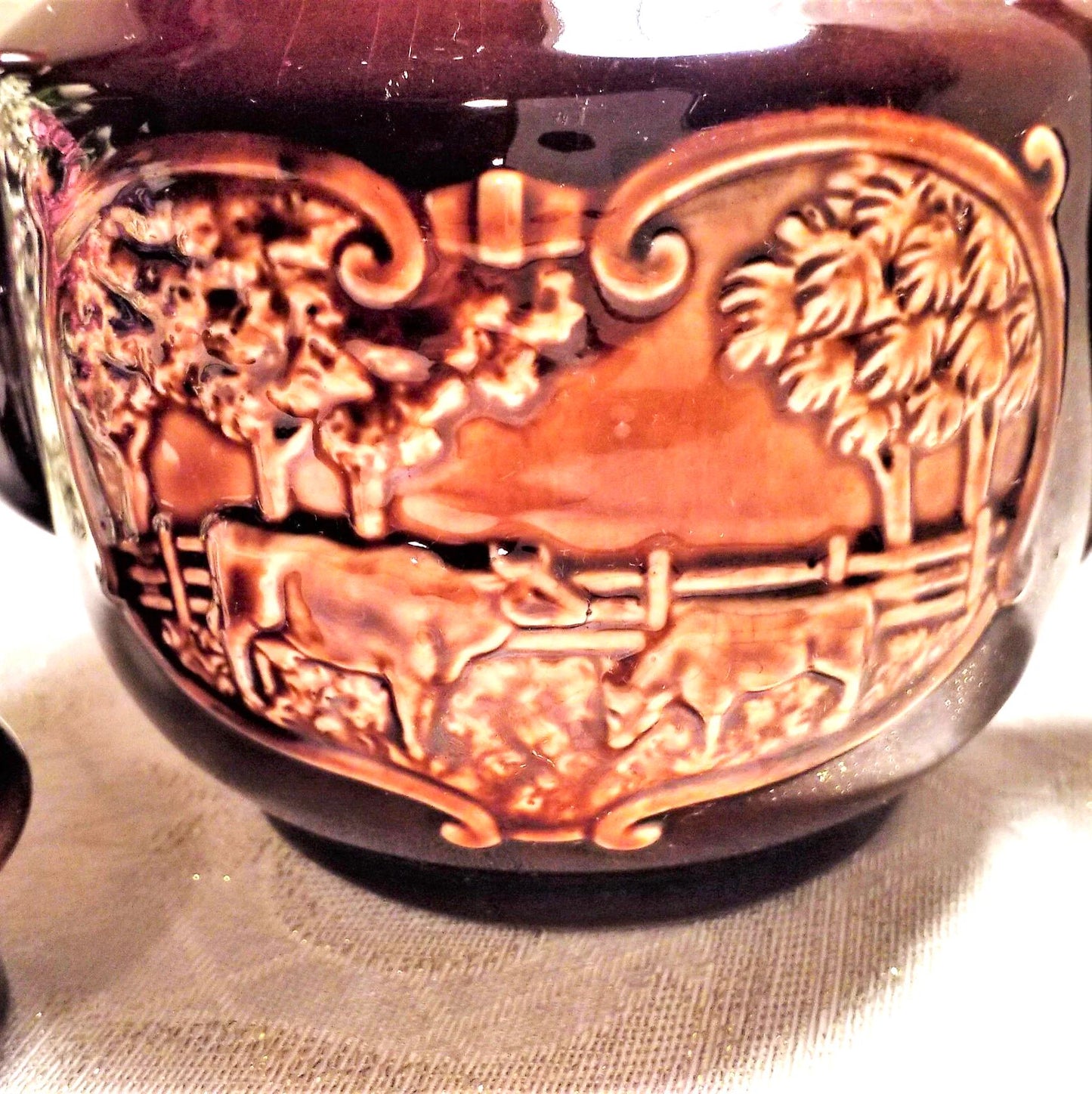 Vintage Teapot, Brown Glaze, Farmhouse Cow & Windmill Scene Always FREE Domestic SHIPPING