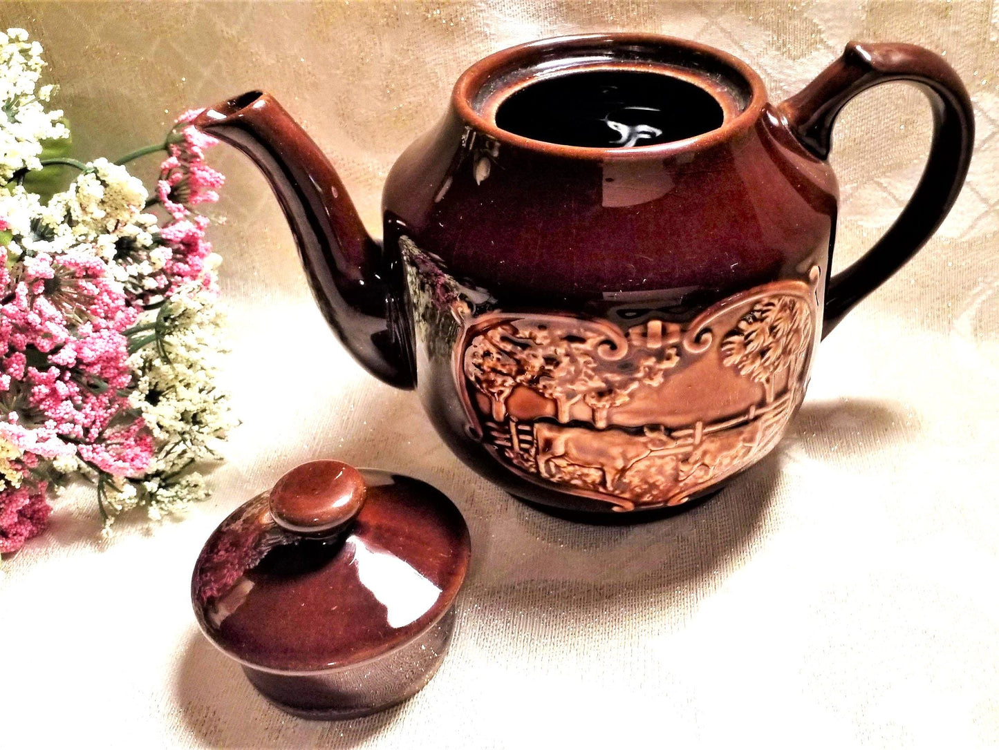 Vintage Teapot, Brown Glaze, Farmhouse Cow & Windmill Scene Always FREE Domestic SHIPPING