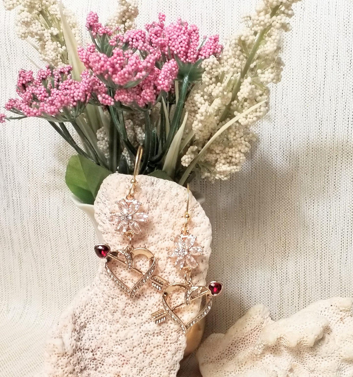 Handcrafted Crystal Heart Earrings Cupid Arrow Dangle Goldplated Always FREE Domestic SHIPPING