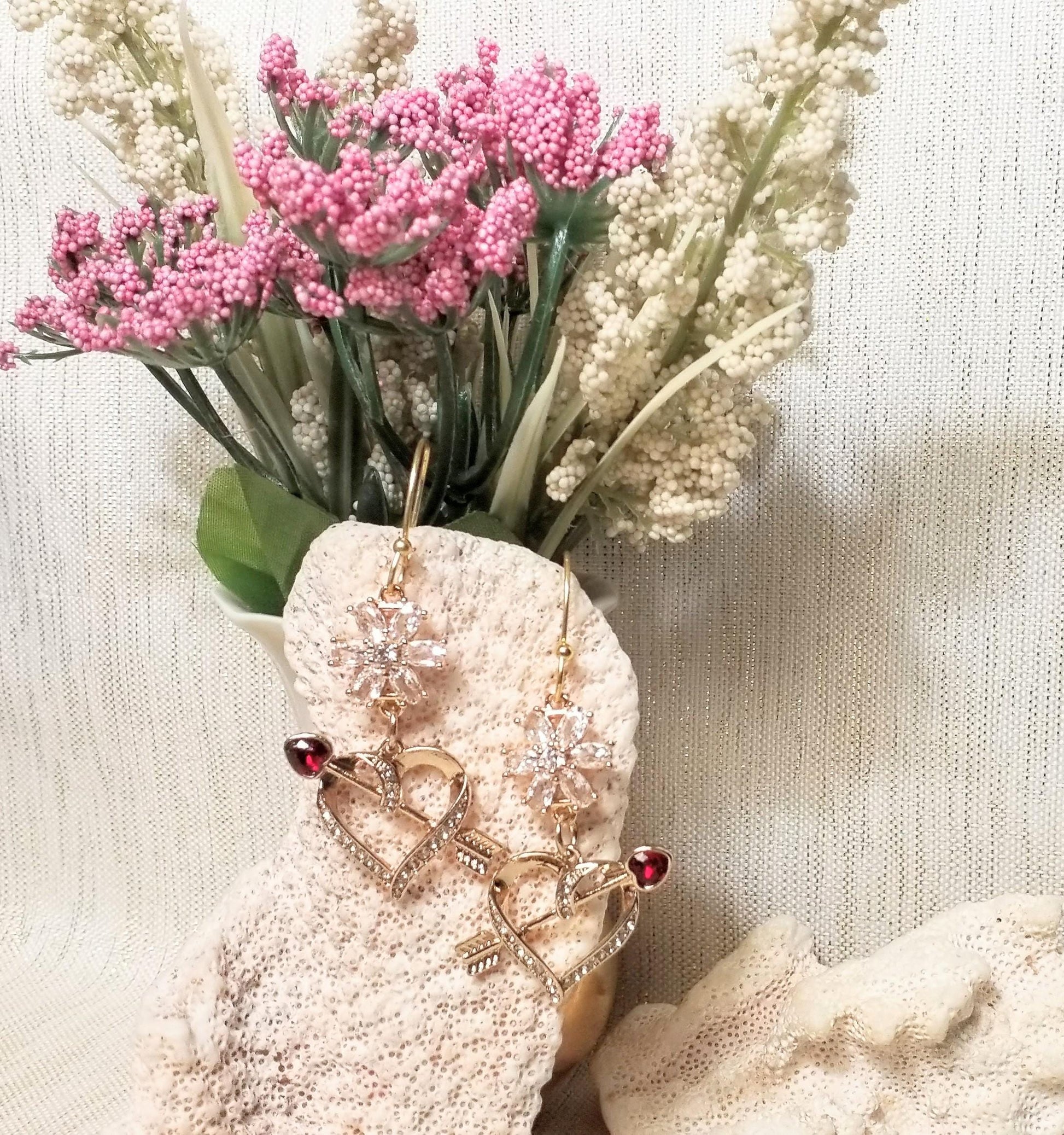 Handcrafted Crystal Heart Earrings Cupid Arrow Dangle Goldplated Always FREE Domestic SHIPPING