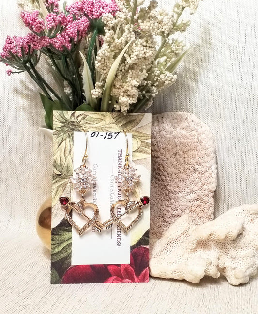 Handcrafted Crystal Heart Earrings Cupid Arrow Dangle Goldplated Always FREE Domestic SHIPPING