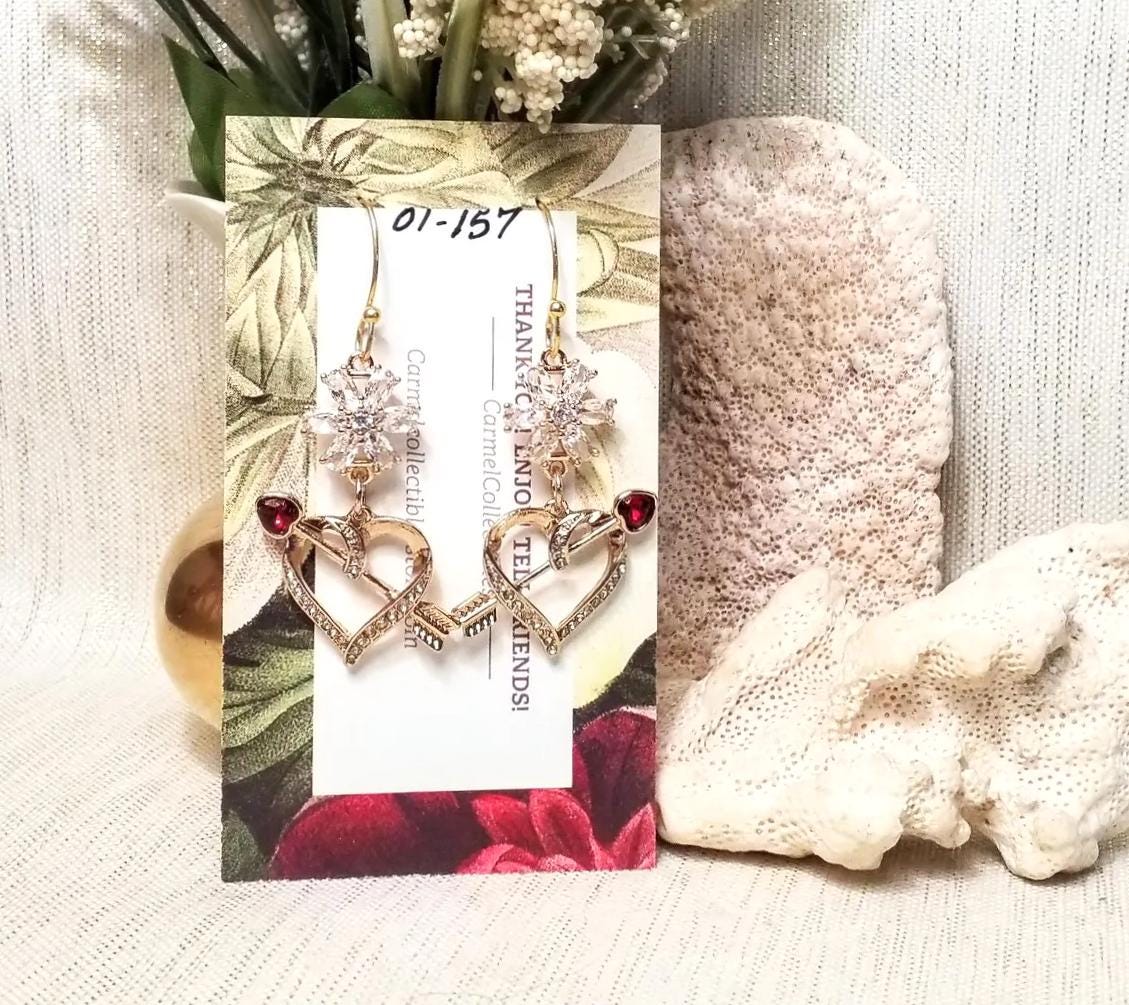 Handcrafted Crystal Heart Earrings Cupid Arrow Dangle Goldplated Always FREE Domestic SHIPPING