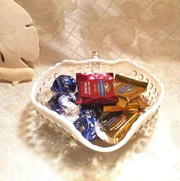 Vintage Heart Shaped Candy Dish White Milk Glass Rim And Always FREE Domestic SHIPPING