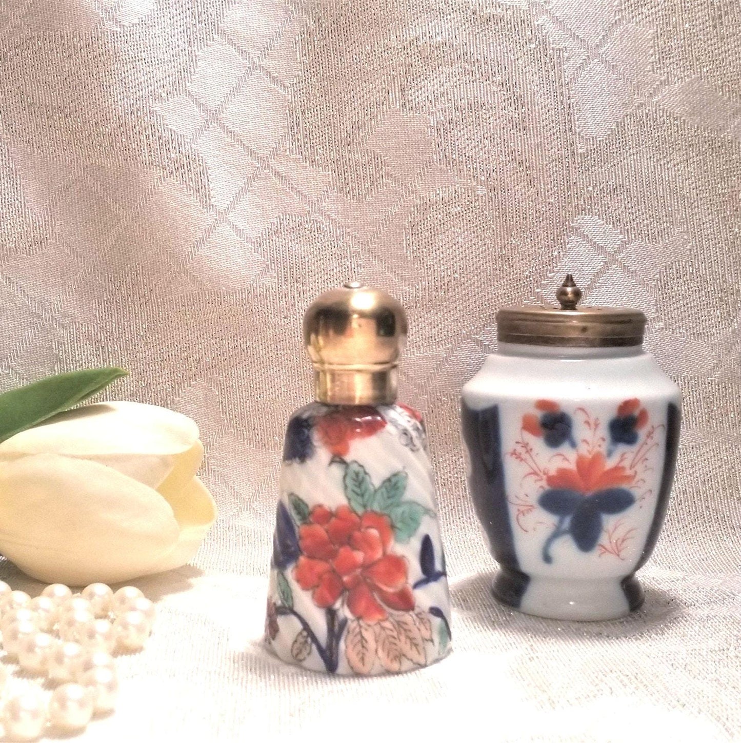 Vintage Gaudy Welsh Porcelain Bottles, Floral Brass Lids Always FREE Domestic SHIPPING