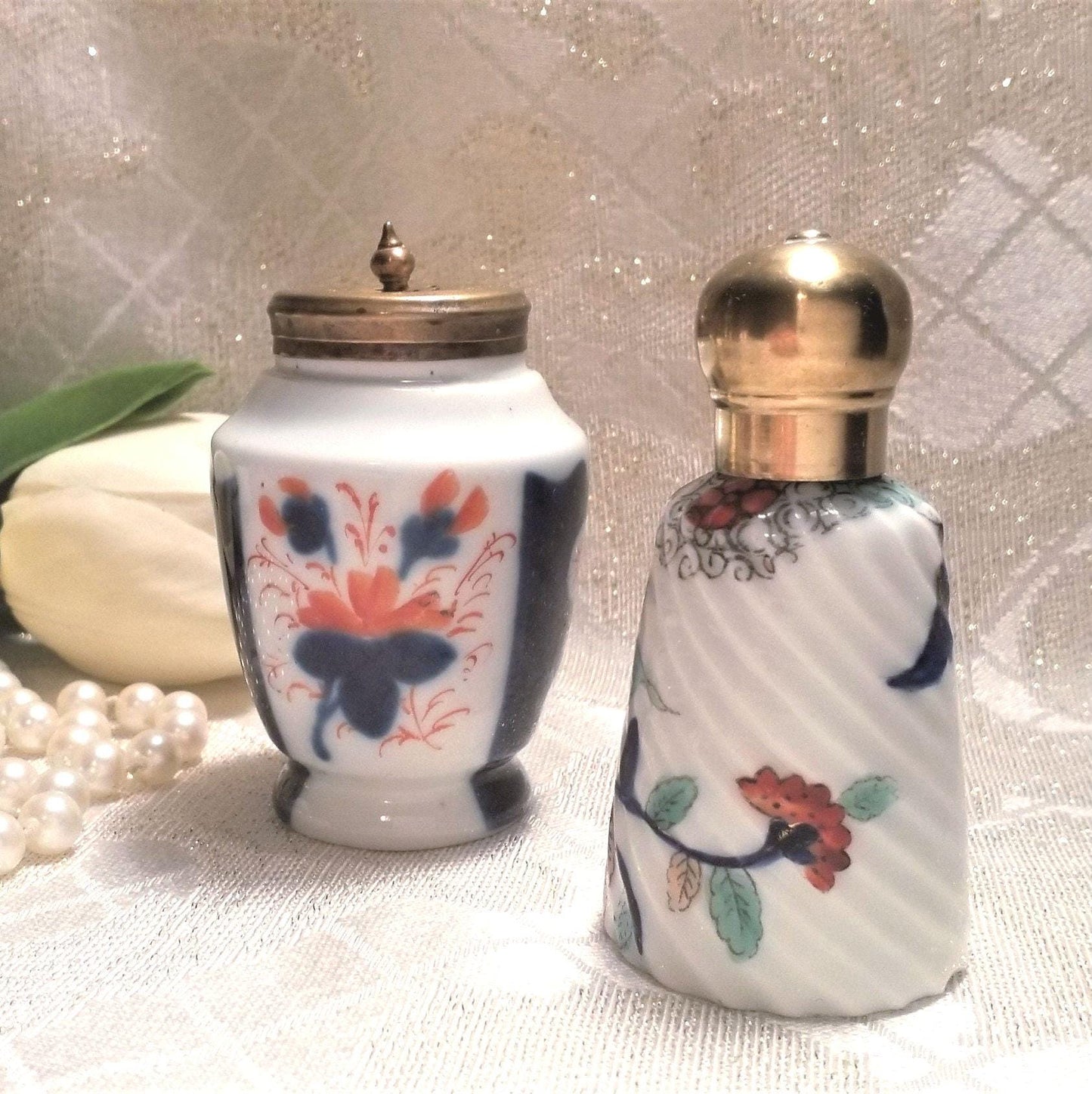 Vintage Gaudy Welsh Porcelain Bottles, Floral Brass Lids Always FREE Domestic SHIPPING