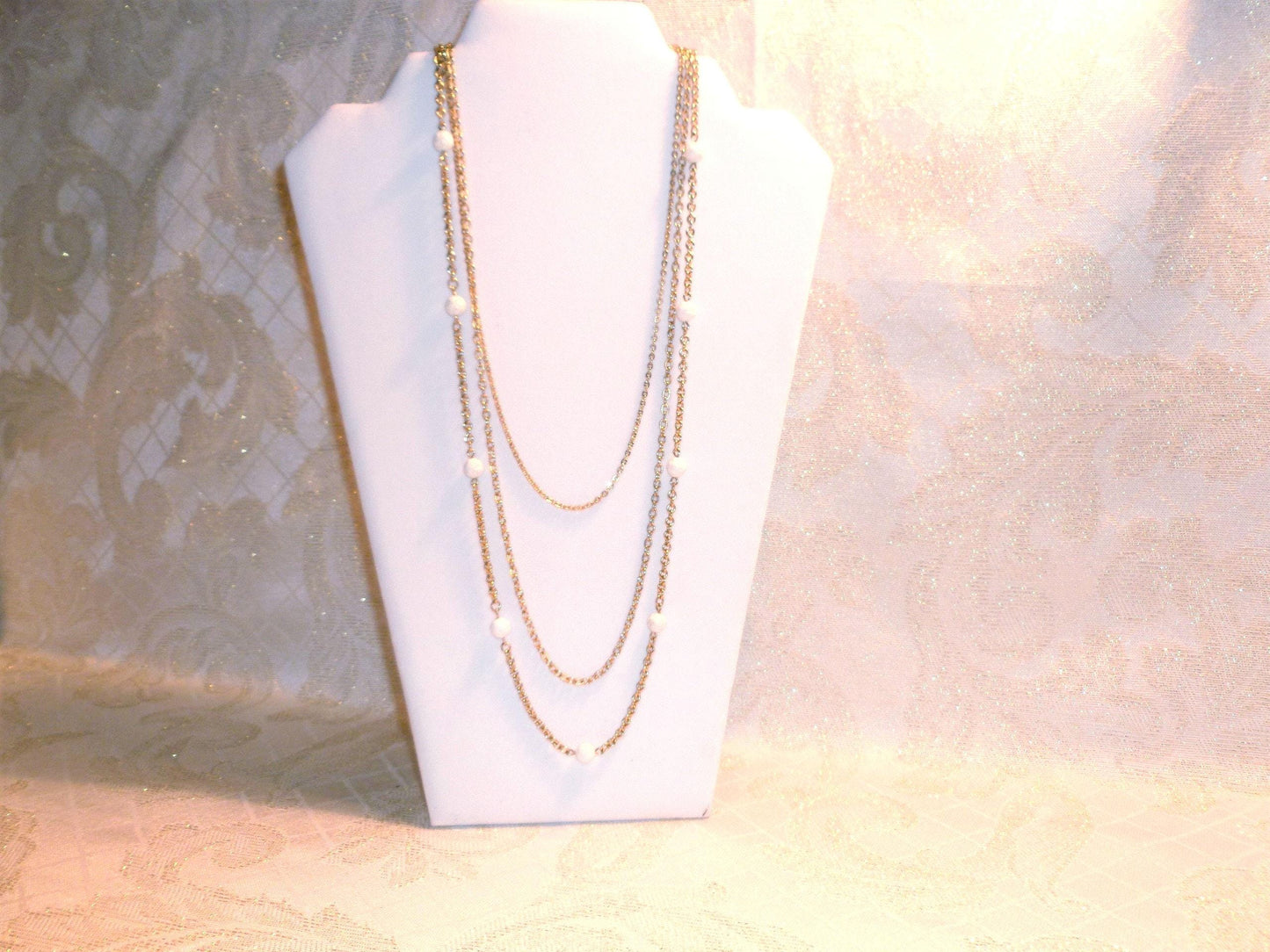 Vintage Napier Necklace, Elegant Gold Tone Three Strand with White Beads