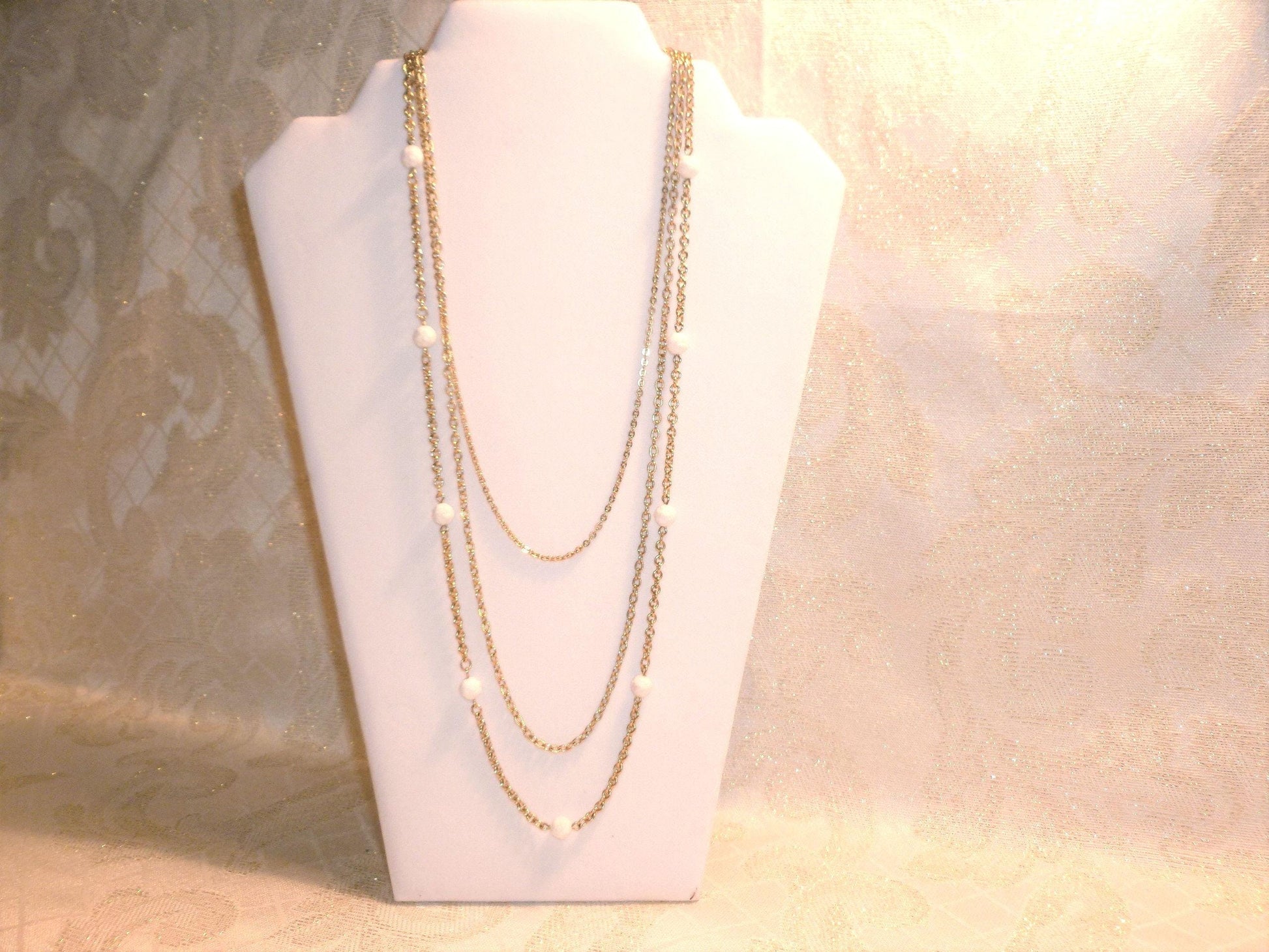 Vintage Napier Necklace, Elegant Gold Tone Three Strand with White Beads
