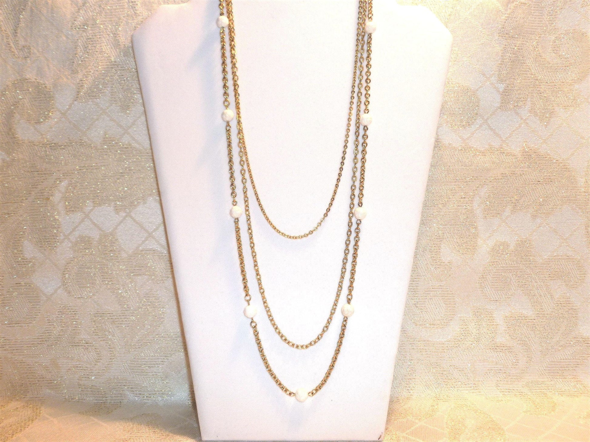 Vintage Napier Necklace, Elegant Gold Tone Three Strand with White Beads