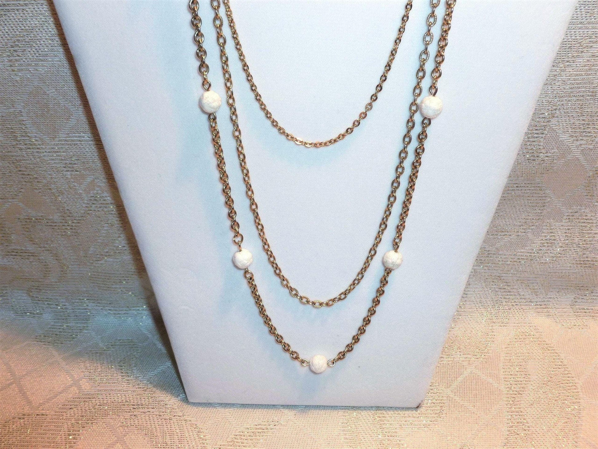 Vintage Napier Necklace, Elegant Gold Tone Three Strand with White Beads