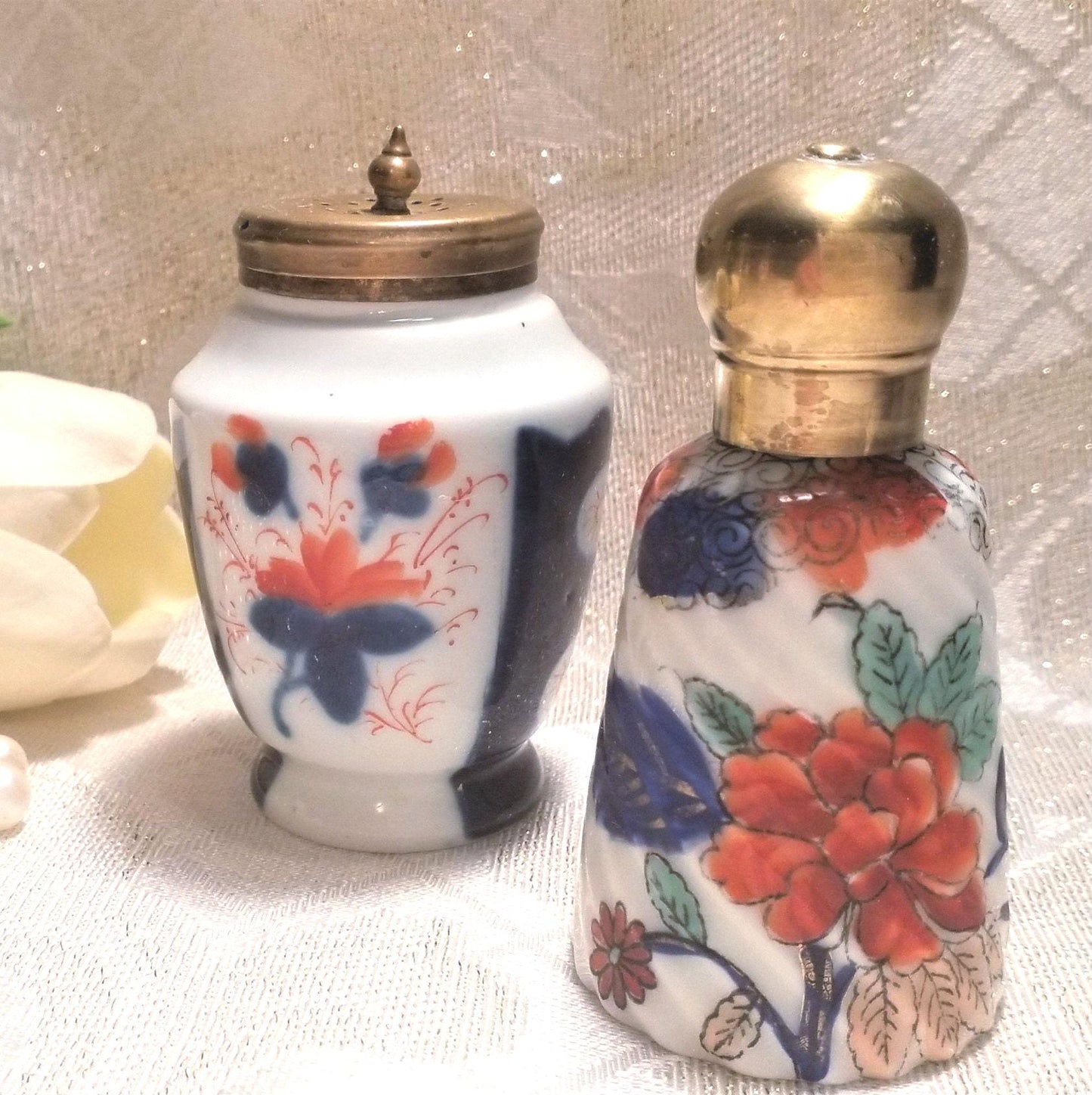 Vintage Gaudy Welsh Porcelain Bottles, Floral Brass Lids Always FREE Domestic SHIPPING