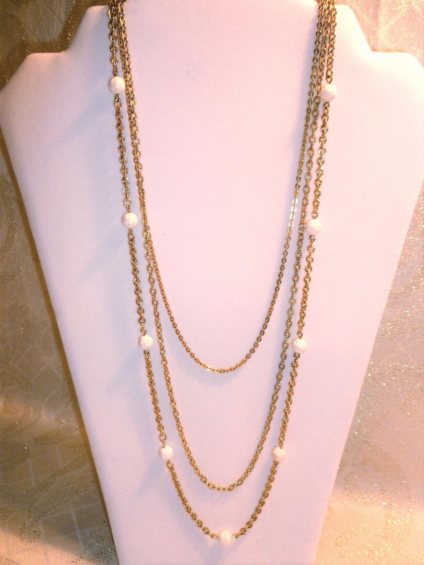 Vintage Napier Necklace, Elegant Gold Tone Three Strand with White Beads