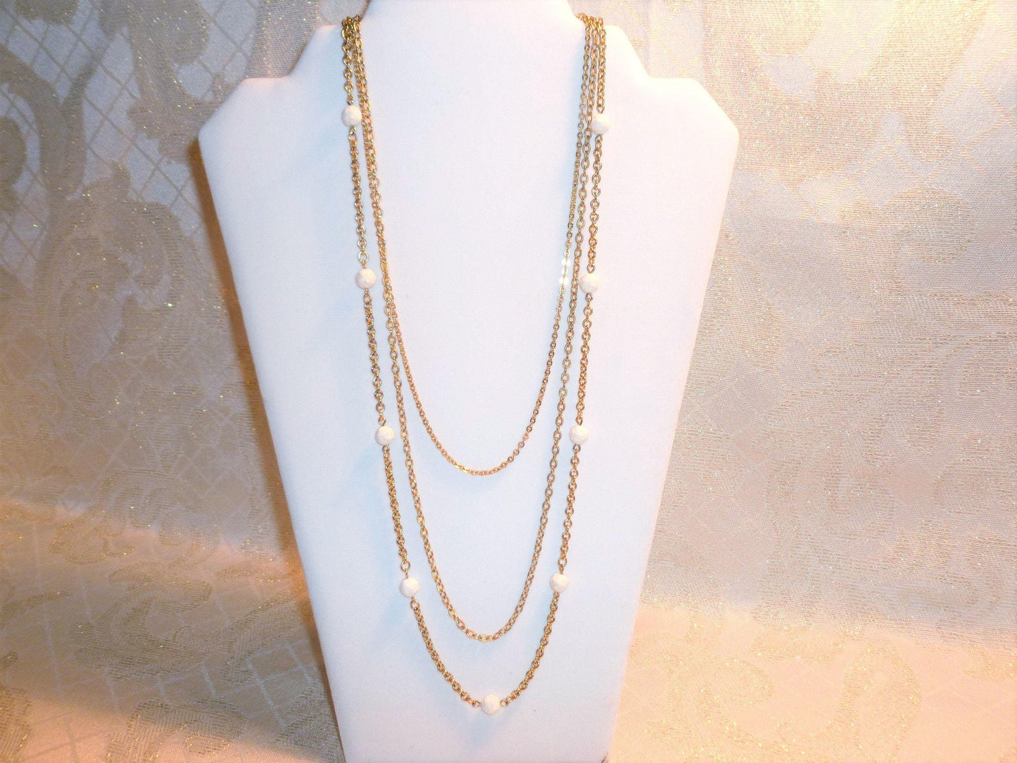 Vintage Napier Necklace, Elegant Gold Tone Three Strand with White Beads