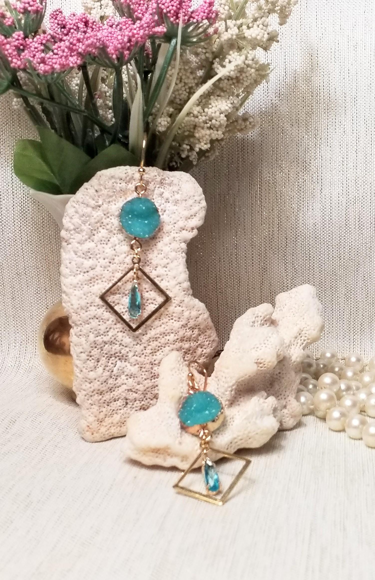 Turquoise Faux Druzy Earrings, Goldplated Teardrop Design