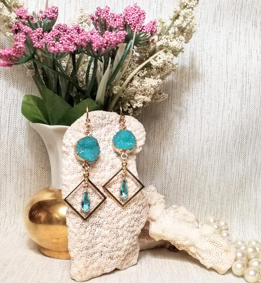 Turquoise Faux Druzy Earrings, Goldplated Teardrop Design