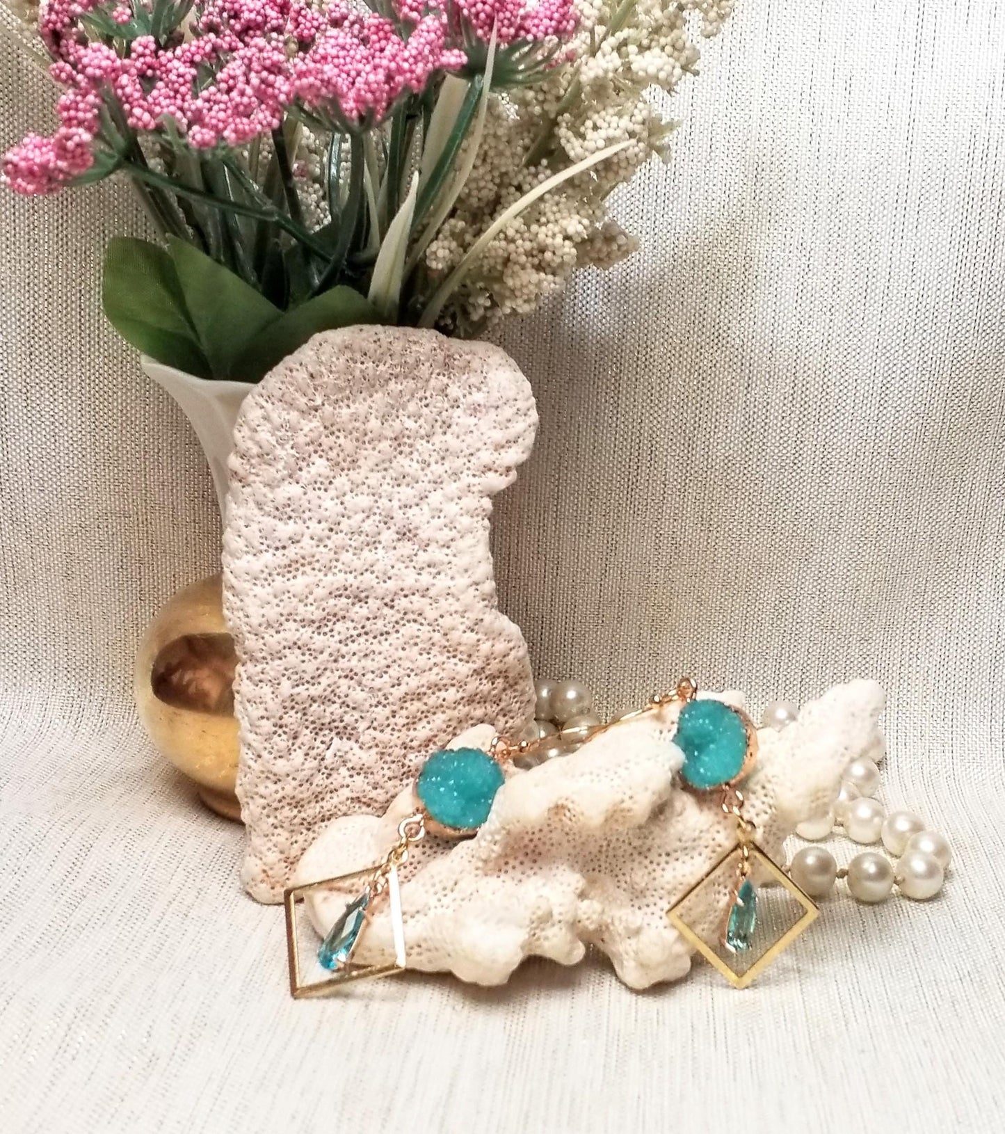Turquoise Faux Druzy Earrings, Goldplated Teardrop Design