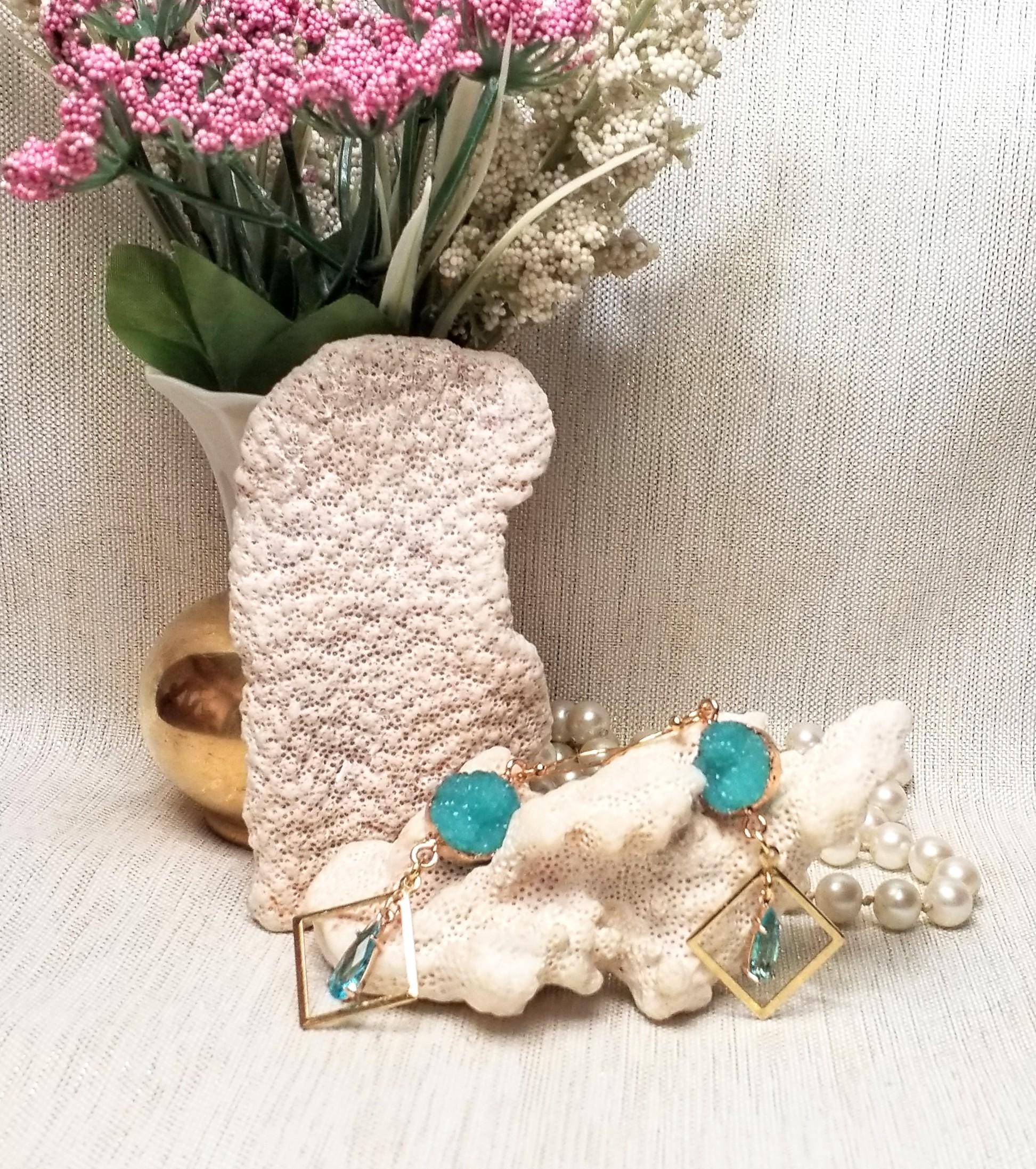 Turquoise Faux Druzy Earrings, Goldplated Teardrop Design