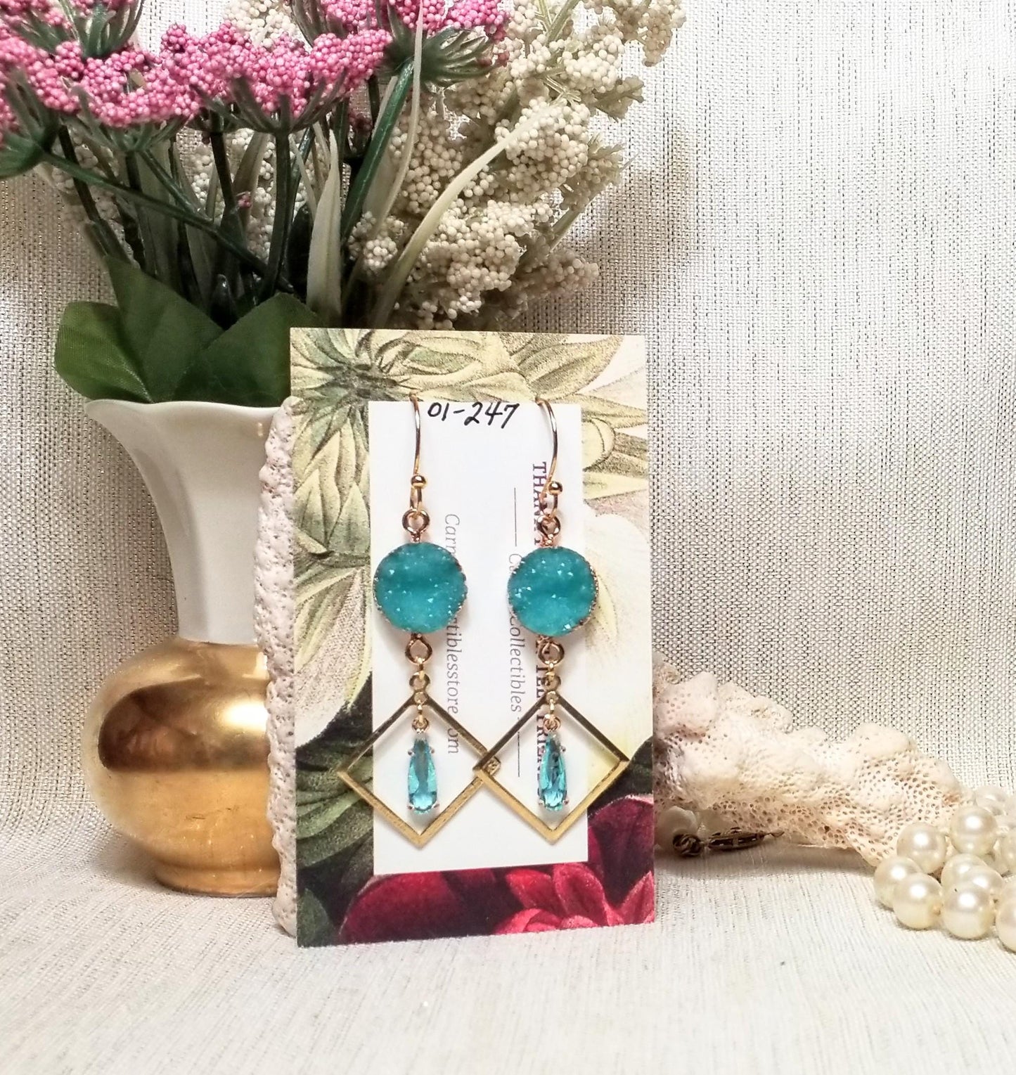 Turquoise Faux Druzy Earrings, Goldplated Teardrop Design