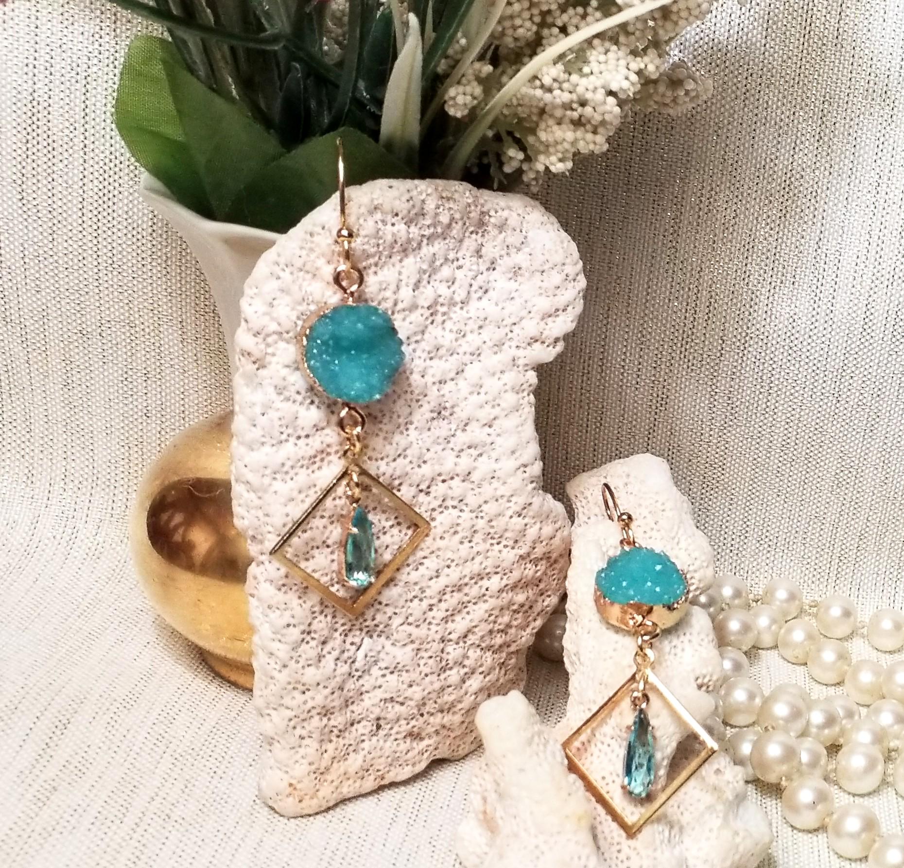 Turquoise Faux Druzy Earrings, Goldplated Teardrop Design