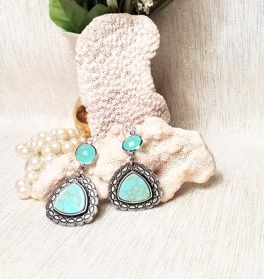 Turquoise Country Western Earrings, Silver Plated Dangles Always FREE Domestic SHIPPING