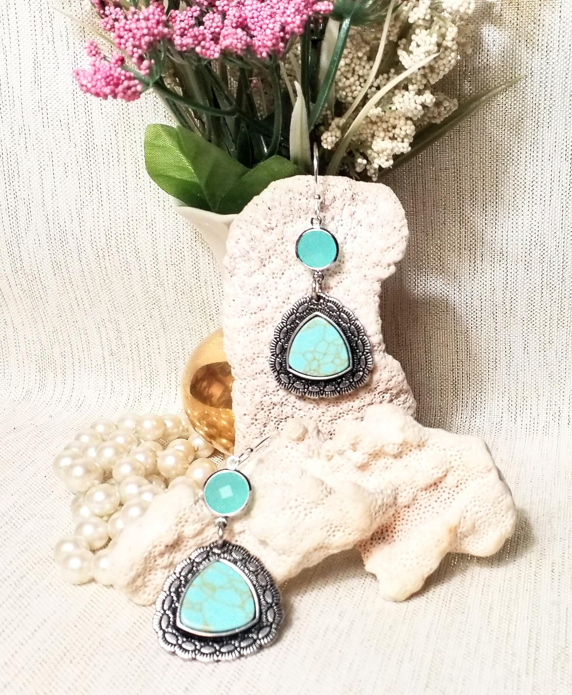Turquoise Country Western Earrings, Silver Plated Dangles Always FREE Domestic SHIPPING