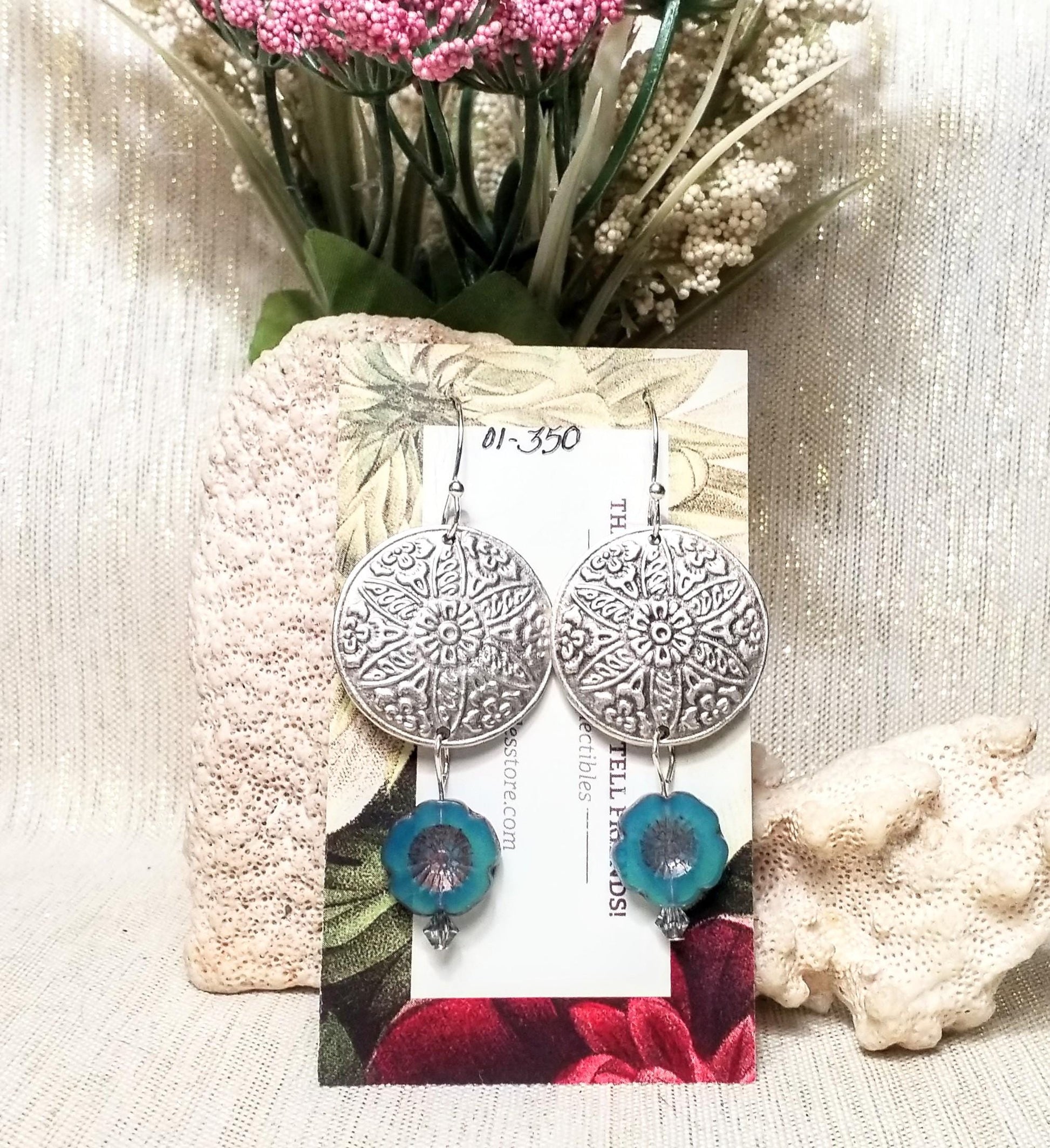Handcrafted Medallion Earrings with Czech Blue Flowers Always FREE Domestic SHIPPING