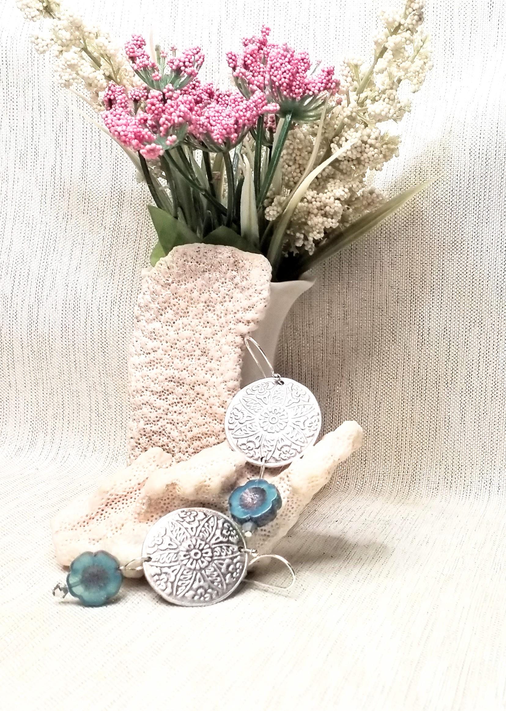 Handcrafted Medallion Earrings with Czech Blue Flowers Always FREE Domestic SHIPPING