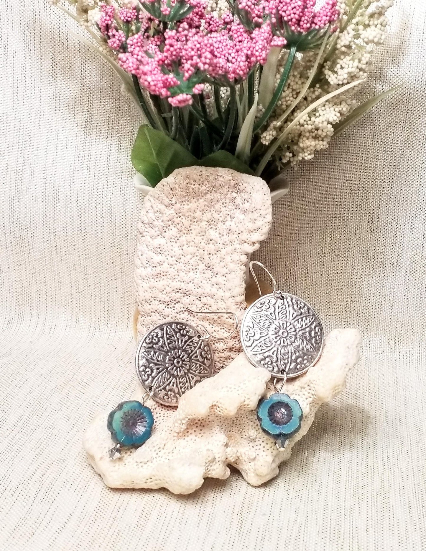 Handcrafted Medallion Earrings with Czech Blue Flowers Always FREE Domestic SHIPPING
