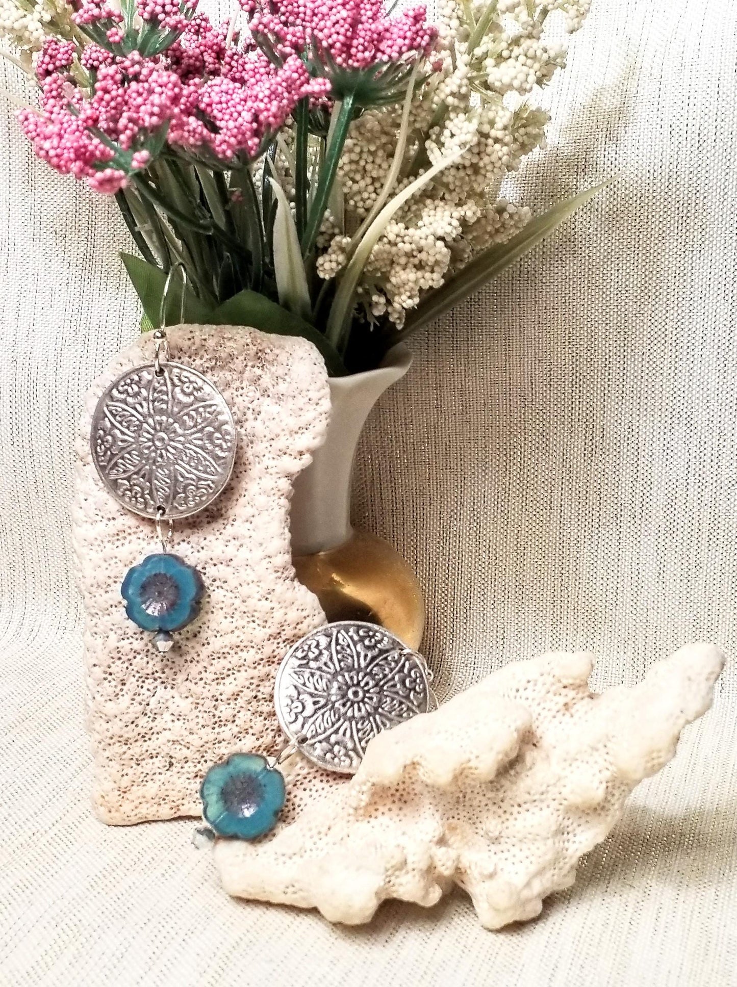 Handcrafted Medallion Earrings with Czech Blue Flowers Always FREE Domestic SHIPPING