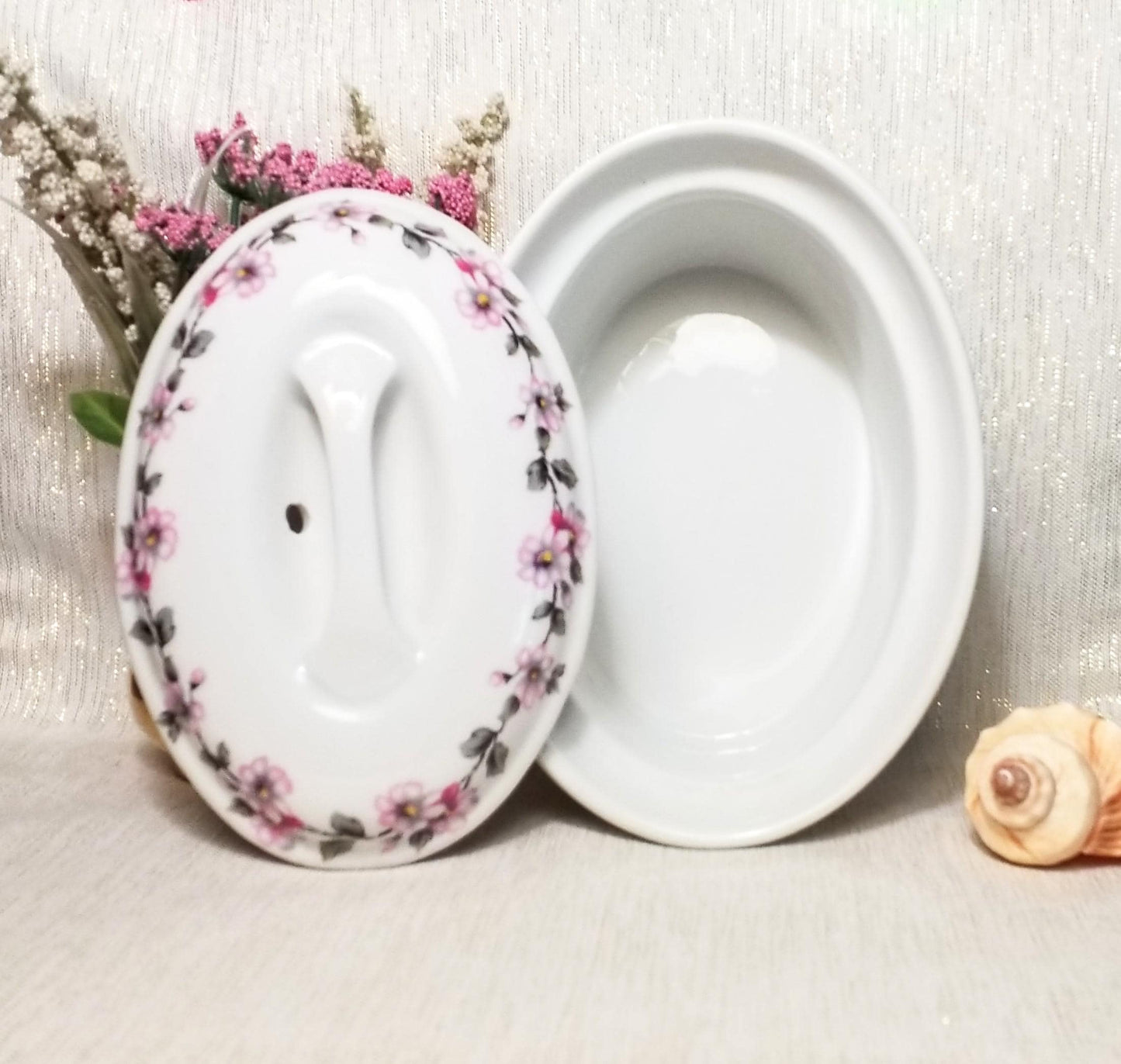 Vintage Apilco Porcelain Casserole Dish with Lid Pink Floral Vine Dish And Lid Made in France Always FREE Domestic SHIPPING