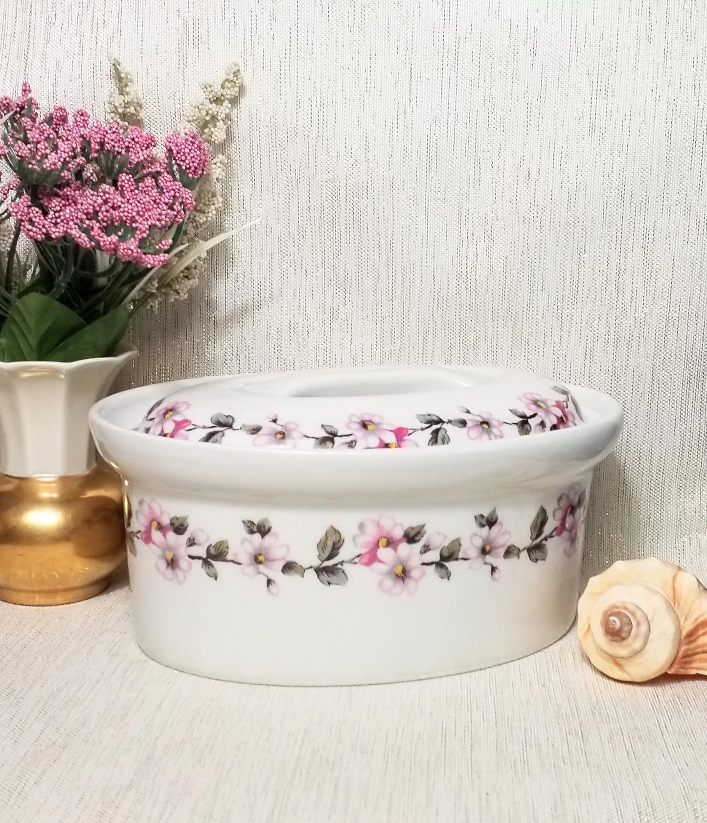 Vintage Apilco Porcelain Casserole Dish with Lid Pink Floral Vine Dish And Lid Made in France Always FREE Domestic SHIPPING