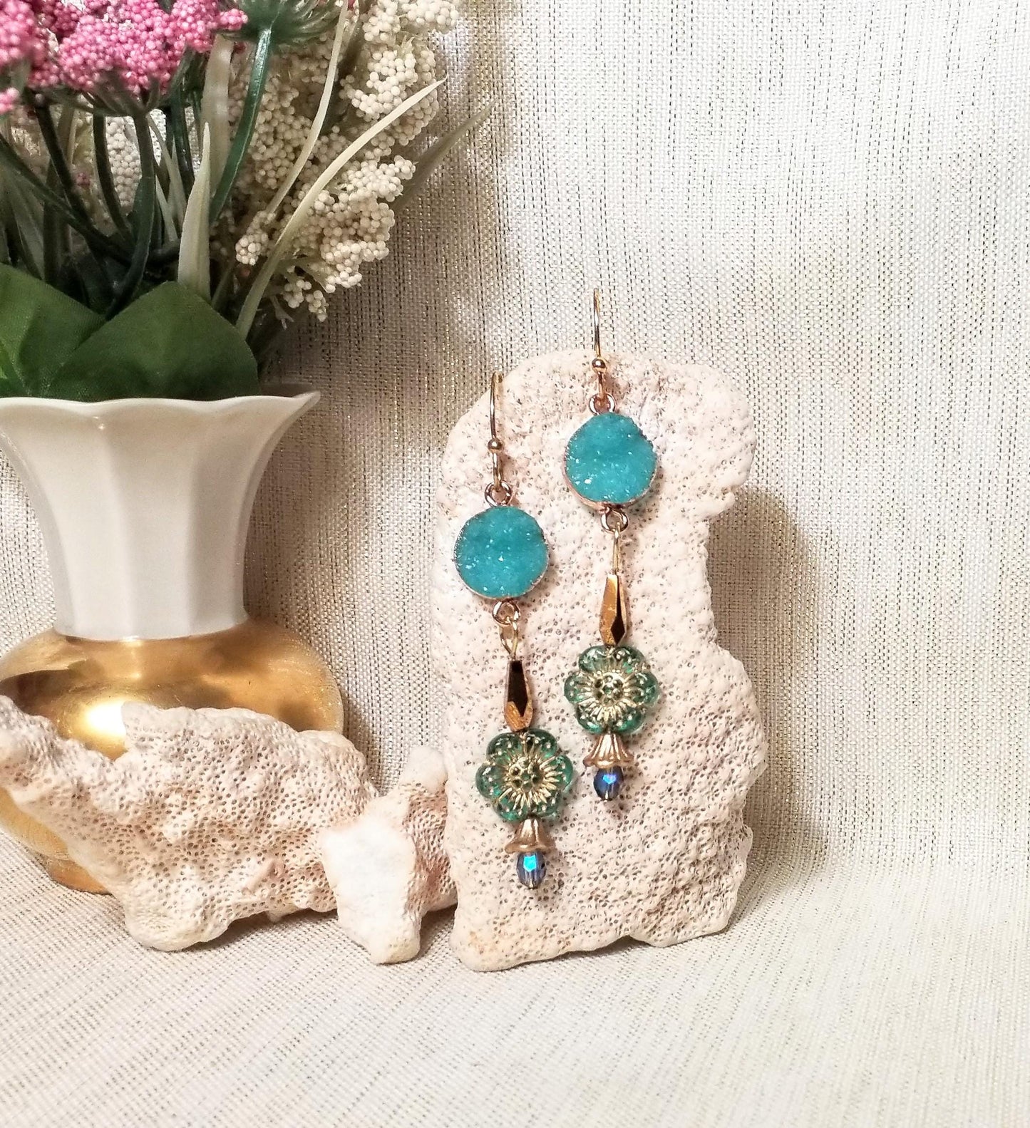 Handcrafted Faux Druzy Earrings Czech Floral With Golden Bugal Beads And Always FREE Domestic SHIPPING