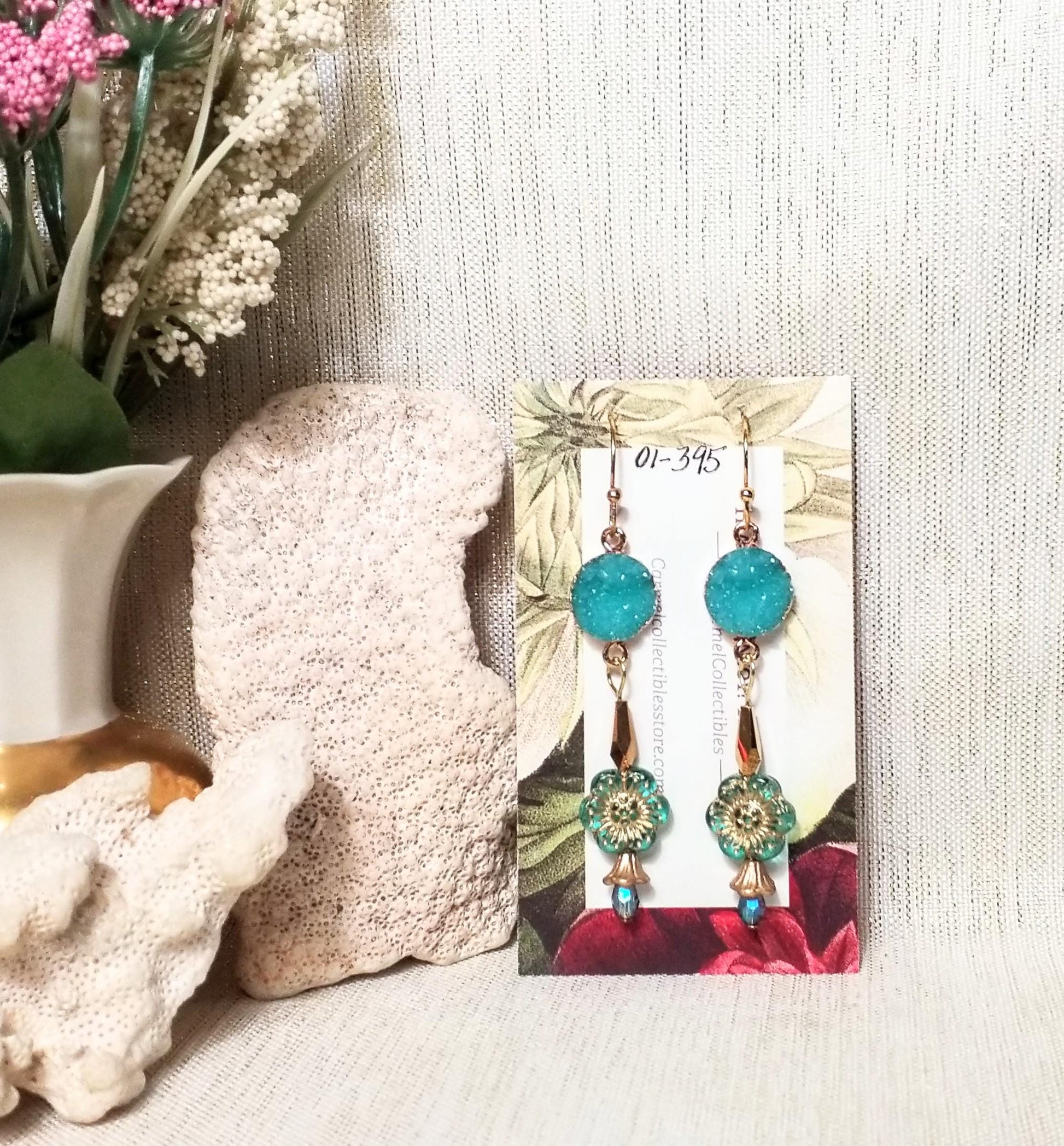 Handcrafted Faux Druzy Earrings Czech Floral With Golden Bugal Beads And Always FREE Domestic SHIPPING