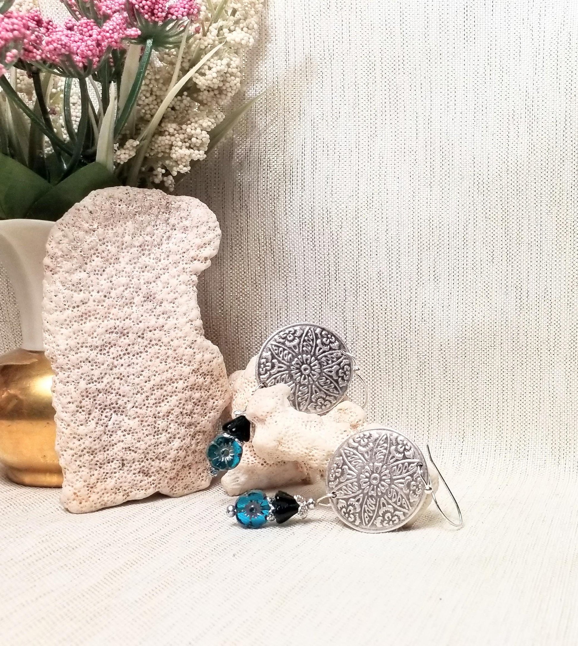 Handcrafted Silver Color Medallion Earrings with Blue Czech Table Cut Flowers FREE Domestic SHIPPING