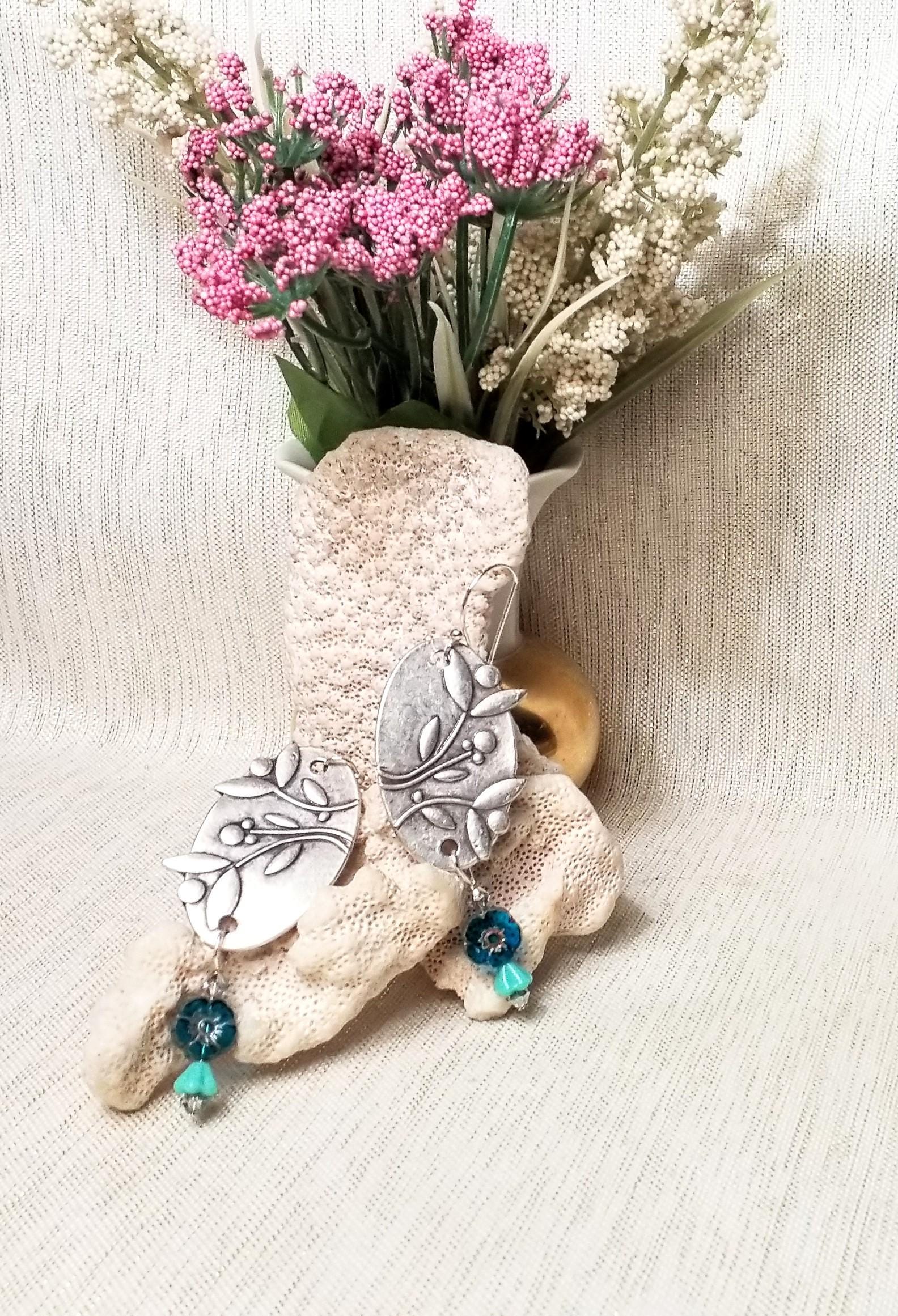 Handcrafted Floral Oval Earrings with Czech Beads Always FREE Domestic SHIPPING