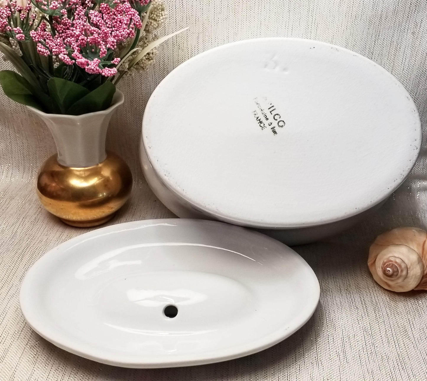 Vintage Apilco Porcelain Casserole Dish with Lid Pink Floral Vine Dish And Lid Made in France Always FREE Domestic SHIPPING