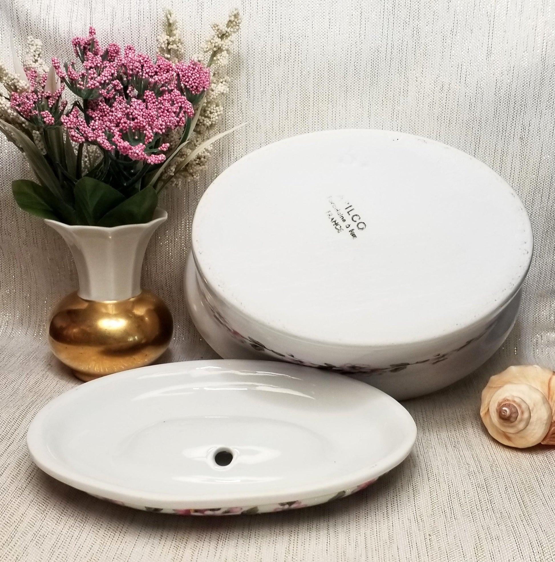 Vintage Apilco Porcelain Casserole Dish with Lid Pink Floral Vine Dish And Lid Made in France Always FREE Domestic SHIPPING
