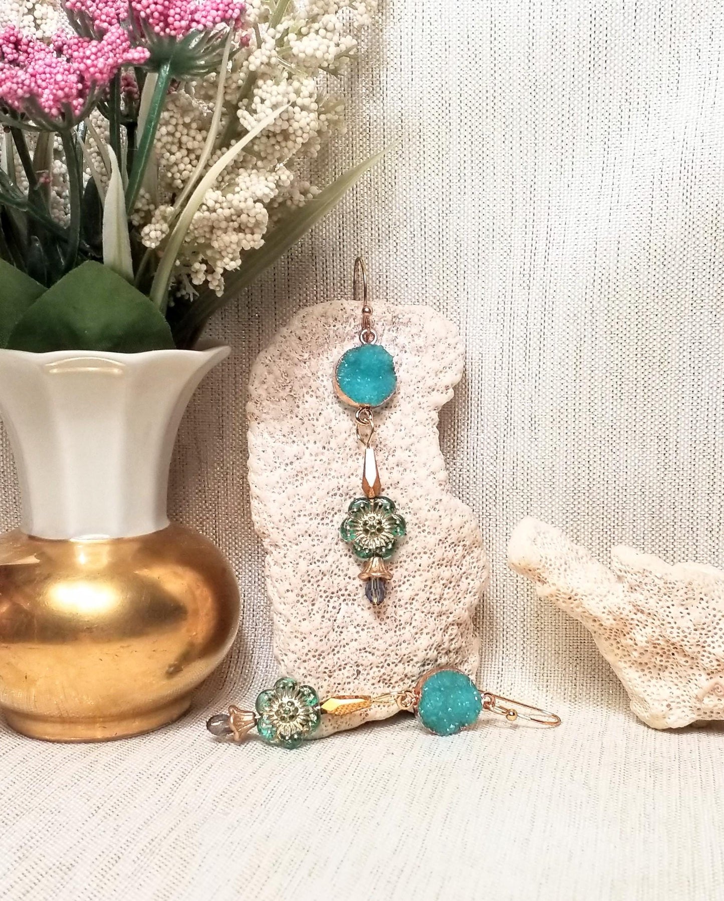 Handcrafted Faux Druzy Earrings Czech Floral With Golden Bugal Beads And Always FREE Domestic SHIPPING