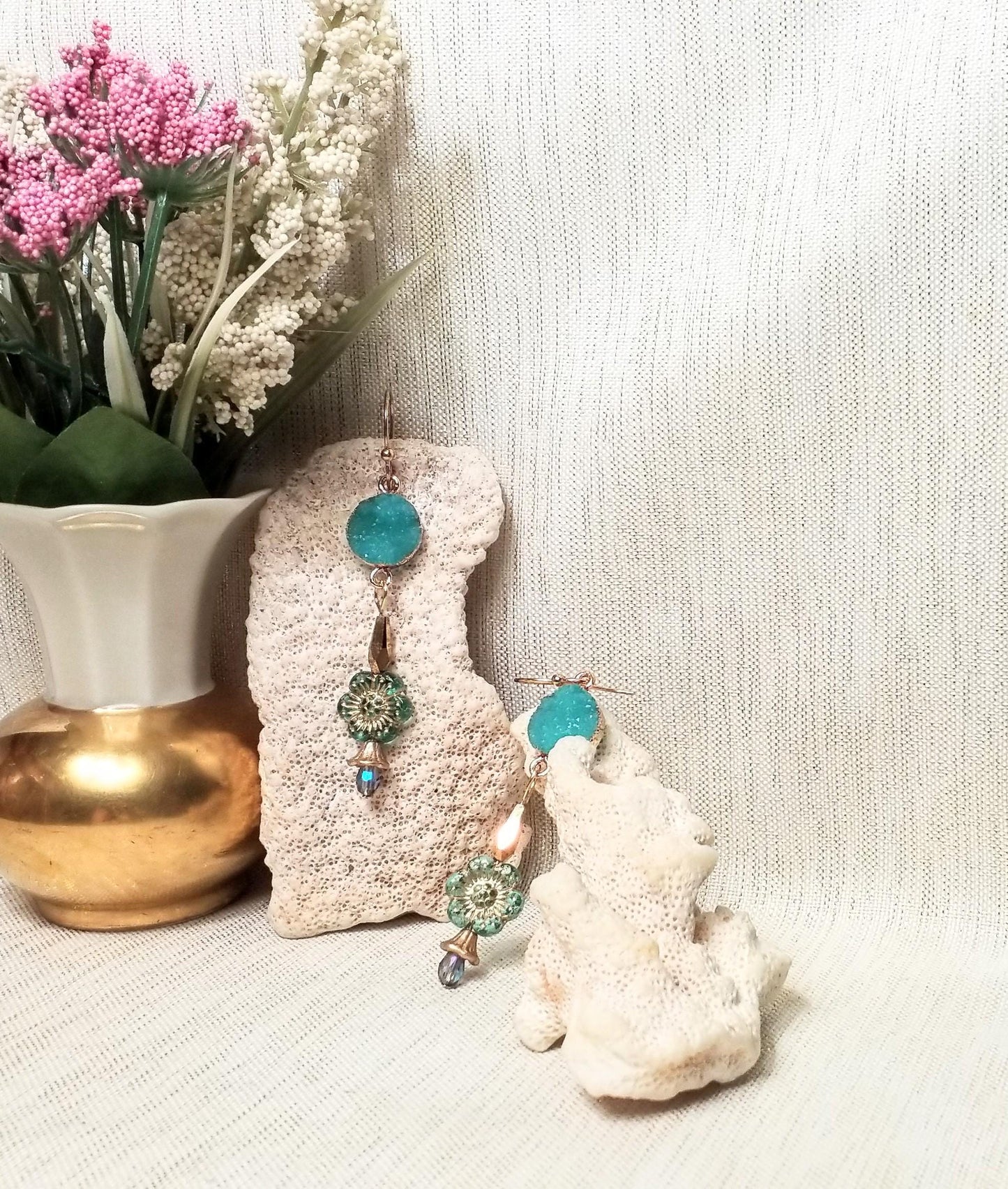Handcrafted Faux Druzy Earrings Czech Floral With Golden Bugal Beads And Always FREE Domestic SHIPPING
