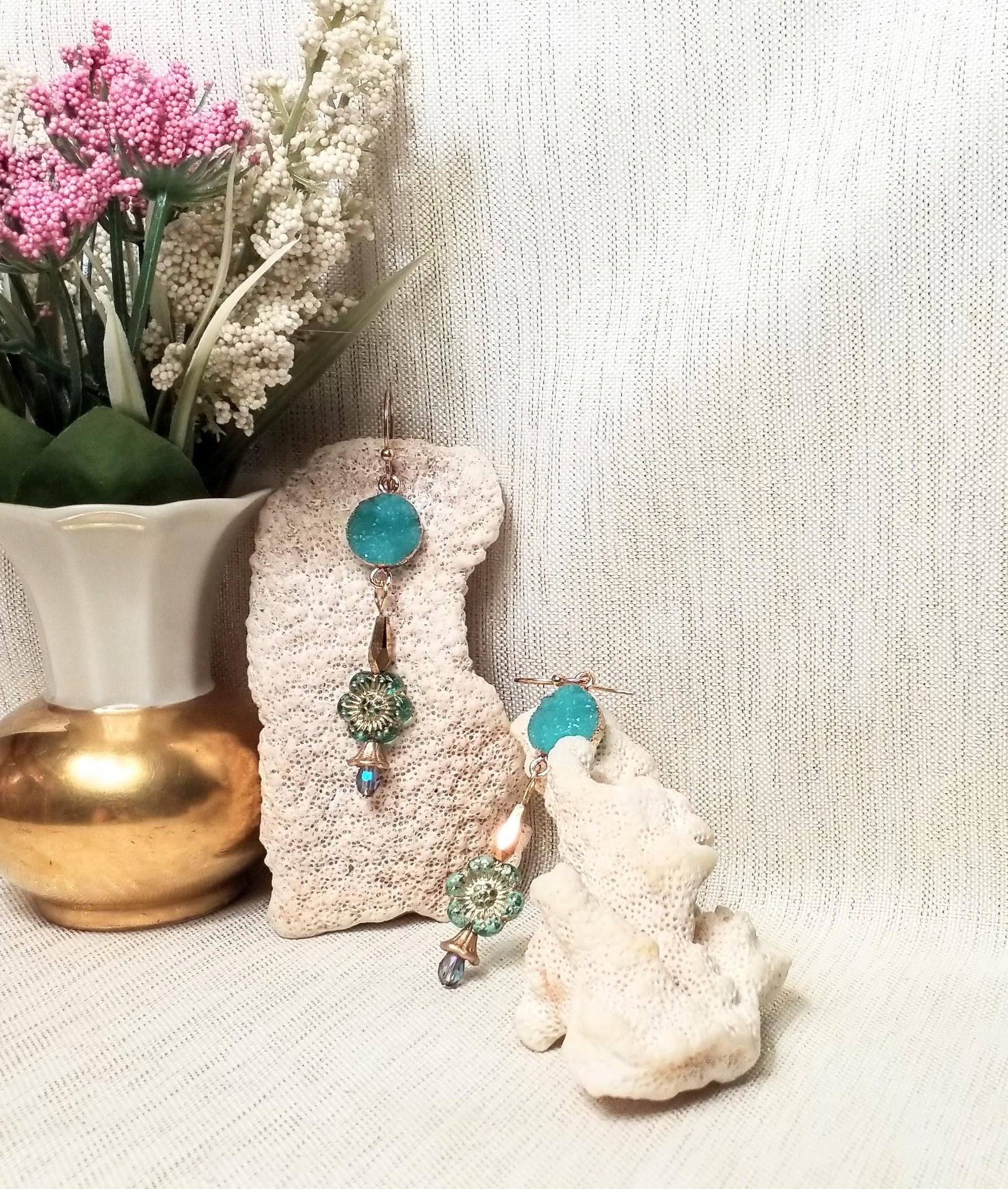 Handcrafted Faux Druzy Earrings Czech Floral With Golden Bugal Beads And Always FREE Domestic SHIPPING